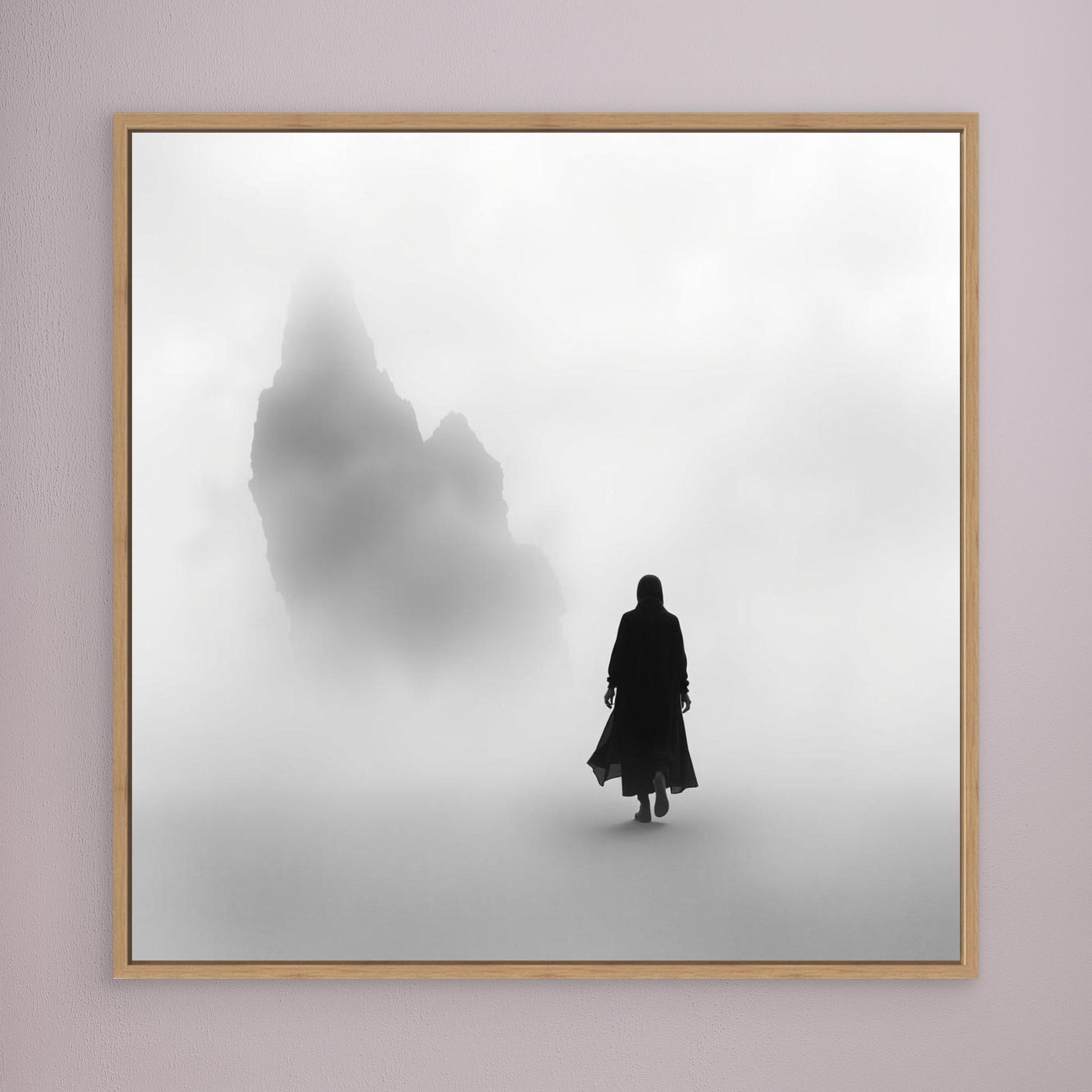 Into the Silence – Minimalist Black and White Canvas Art of Solitary Figure in Foggy Landscape