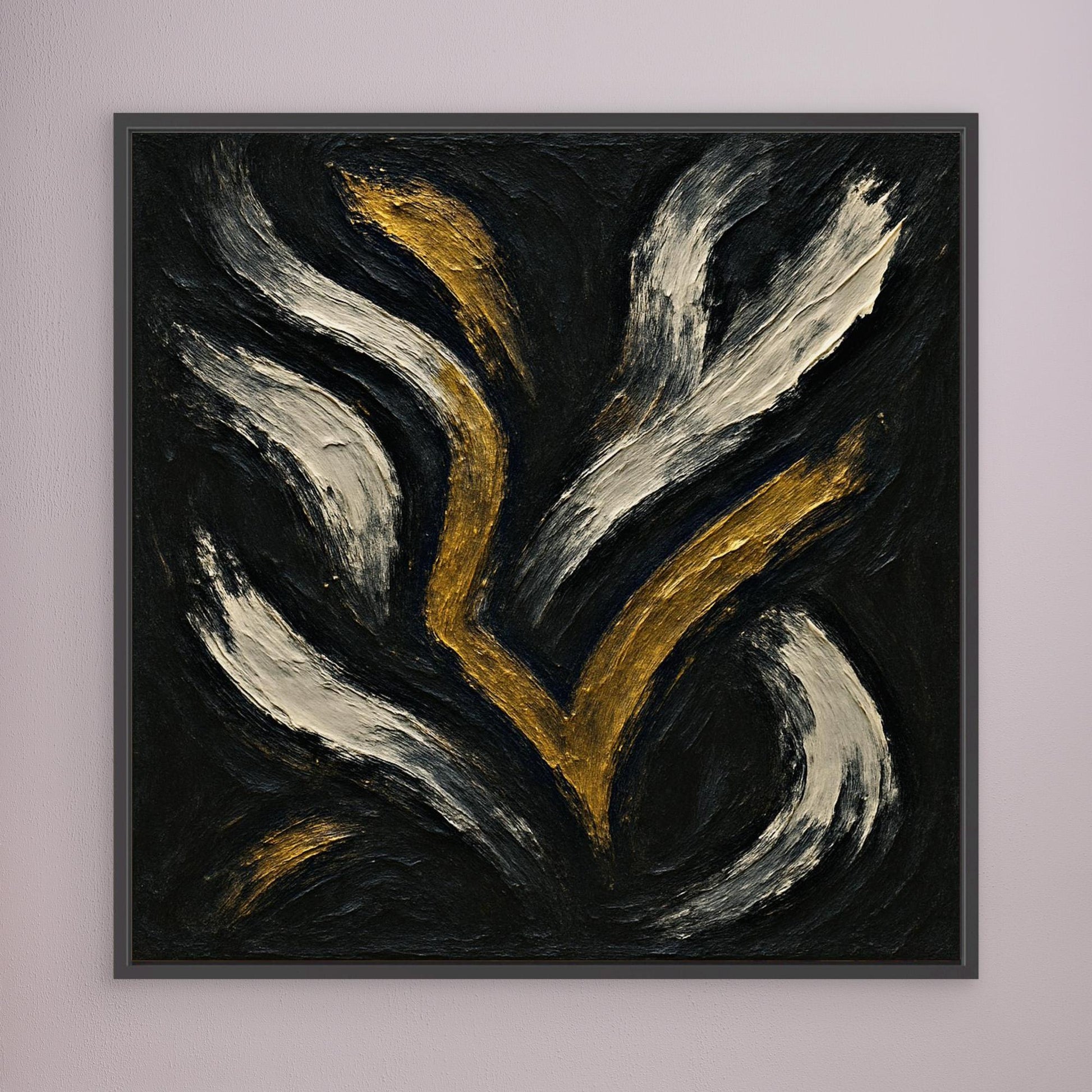 Gold and White Abstract Canvas Wall Art – Flowing Brush Design