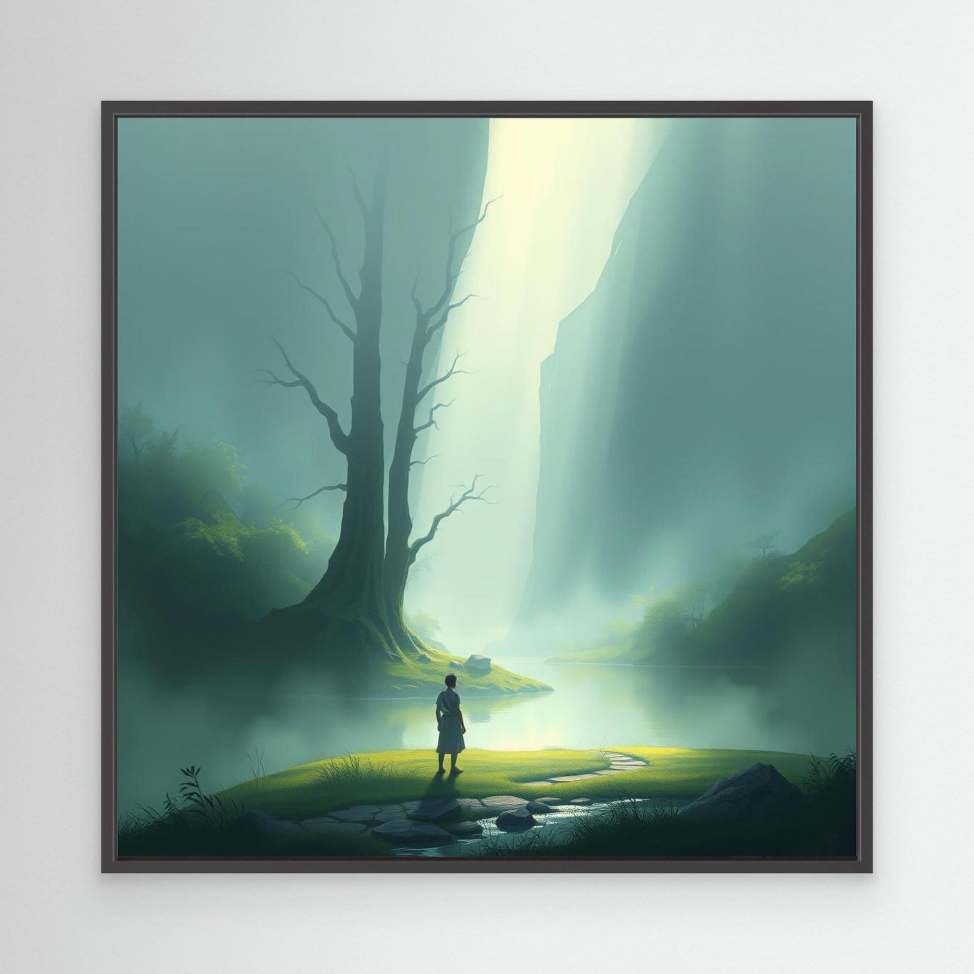 Misty Valley Awakening – Minimalist Nature Canvas Wall Art with Soft Light and Serenity