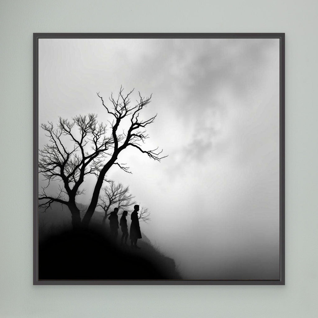 Edge of Silence – Minimalist Black & White Canvas Art | Surreal Fog Landscape with Silhouettes