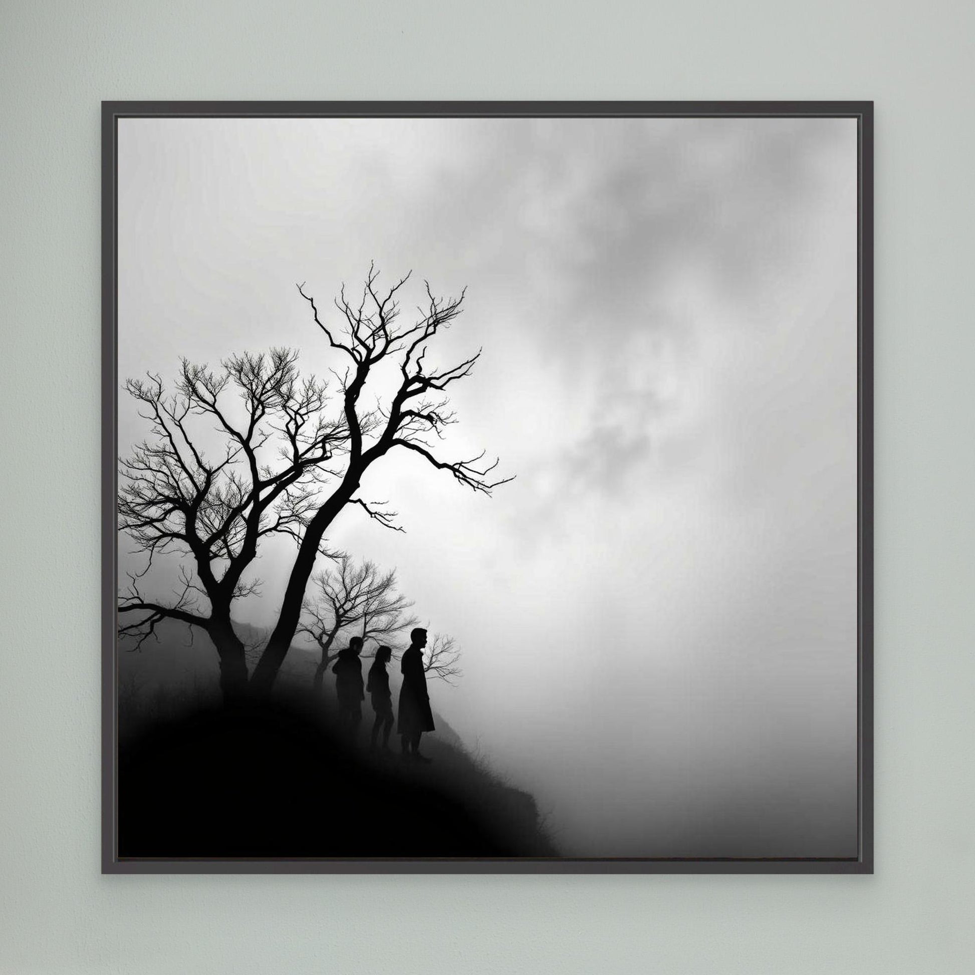 Edge of Silence – Minimalist Black & White Canvas Art | Surreal Fog Landscape with Silhouettes