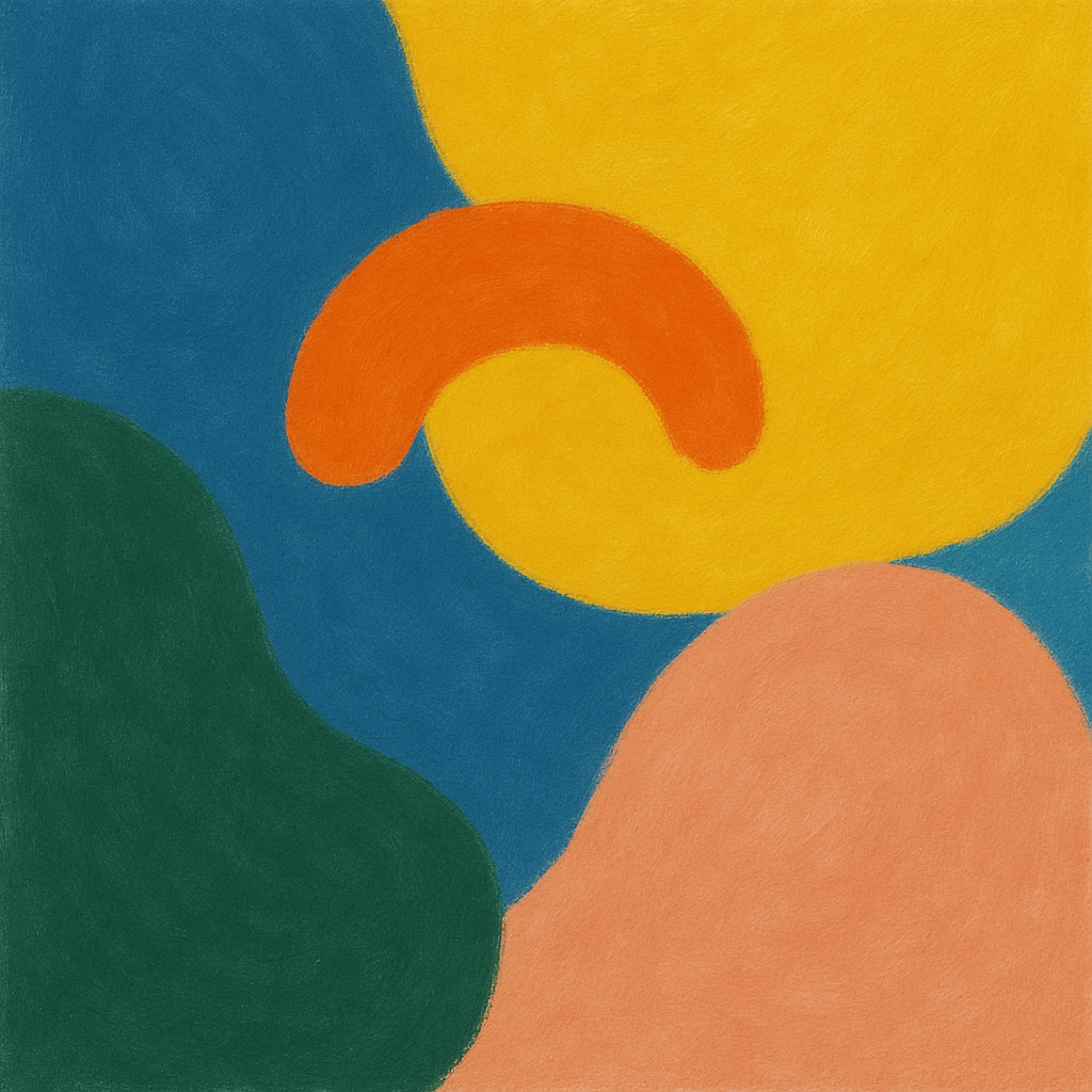 Colorful abstract digital artwork featuring bold geometric shapes in yellow, orange, blue, green, and peach. Square format. Downloadable wall art print.