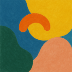 Colorful abstract digital artwork featuring bold geometric shapes in yellow, orange, blue, green, and peach. Square format. Downloadable wall art print.