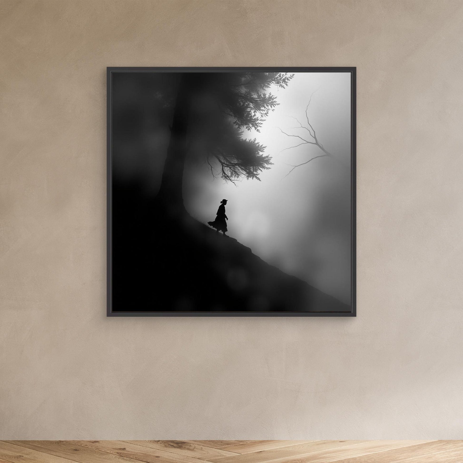 Mystic Walk Through the Fog – Black and White Nature Canvas Wall Art