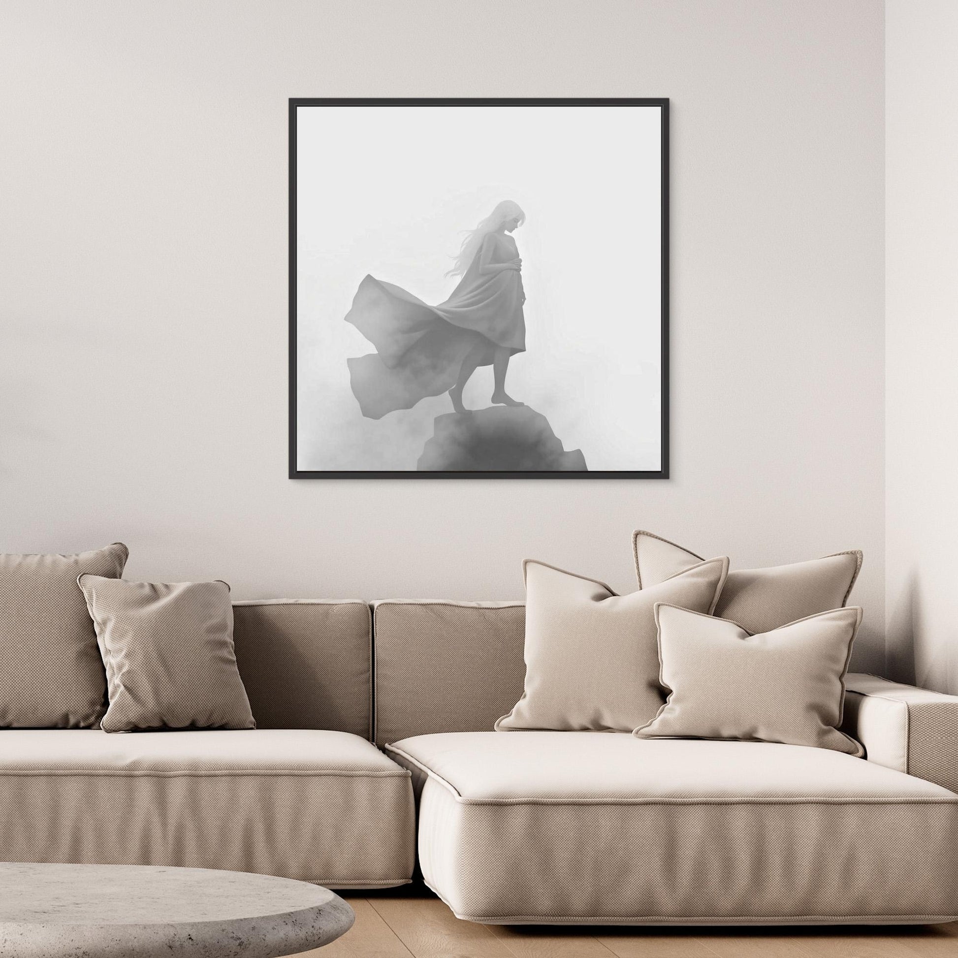 Veil of the Mist – Minimalist Black and White Canvas Wall Art of a Mysterious Woman in the Fog