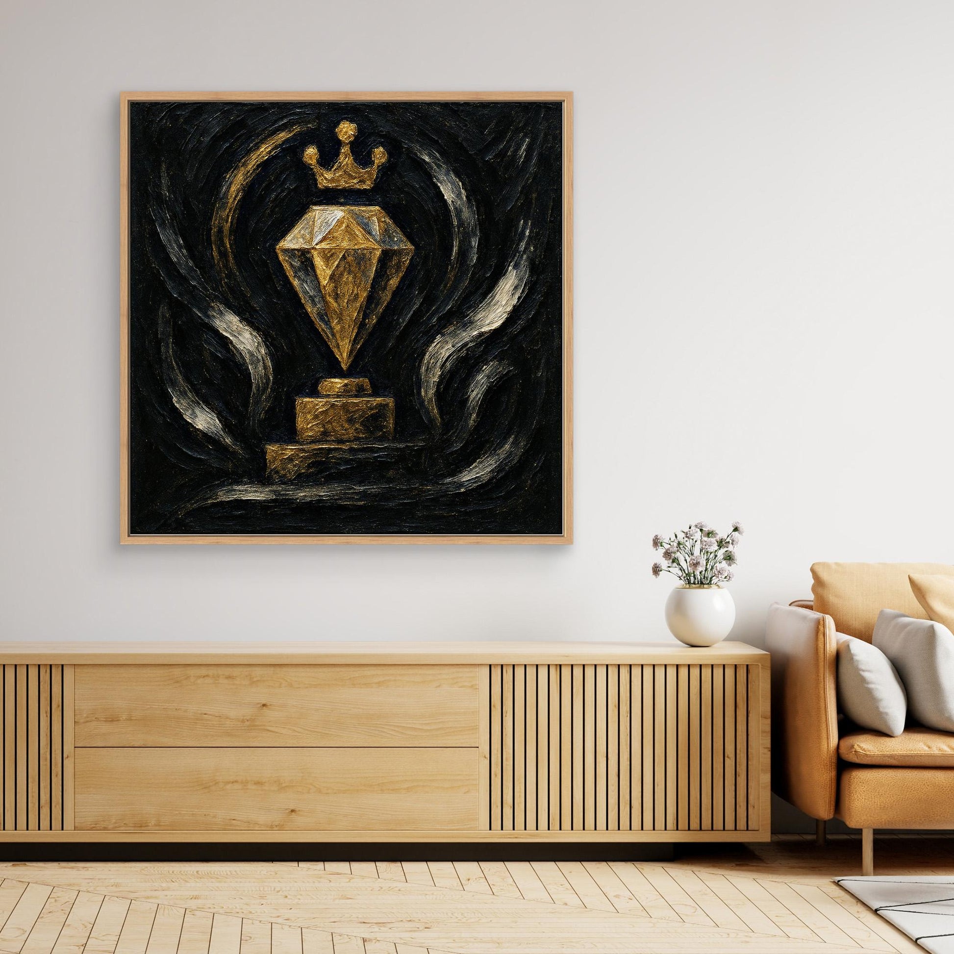 Gold Crowned Diamond – Abstract Canvas Wall Art in Black & Gold