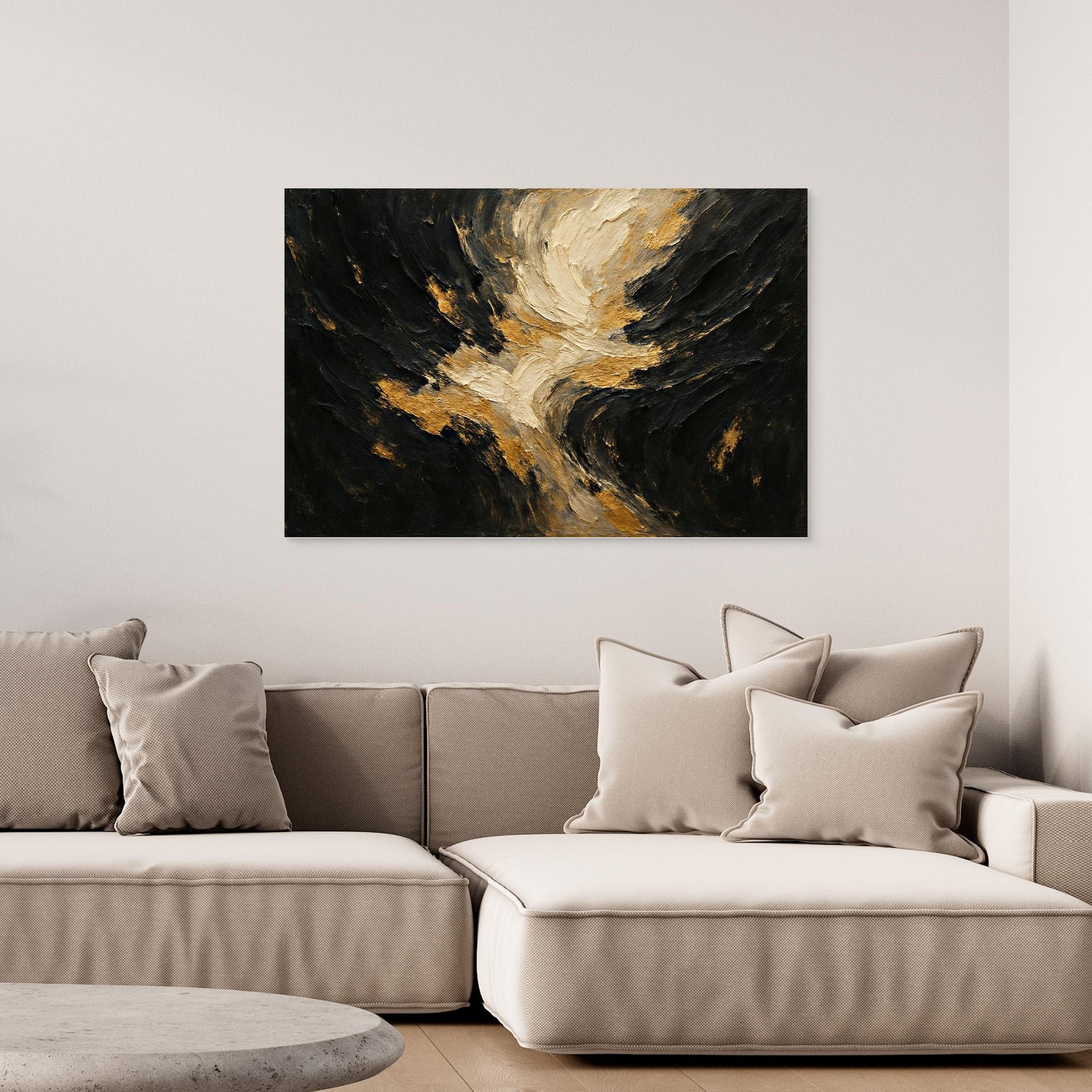Gold and Black Textured Canvas Wall Art – Abstract Flow