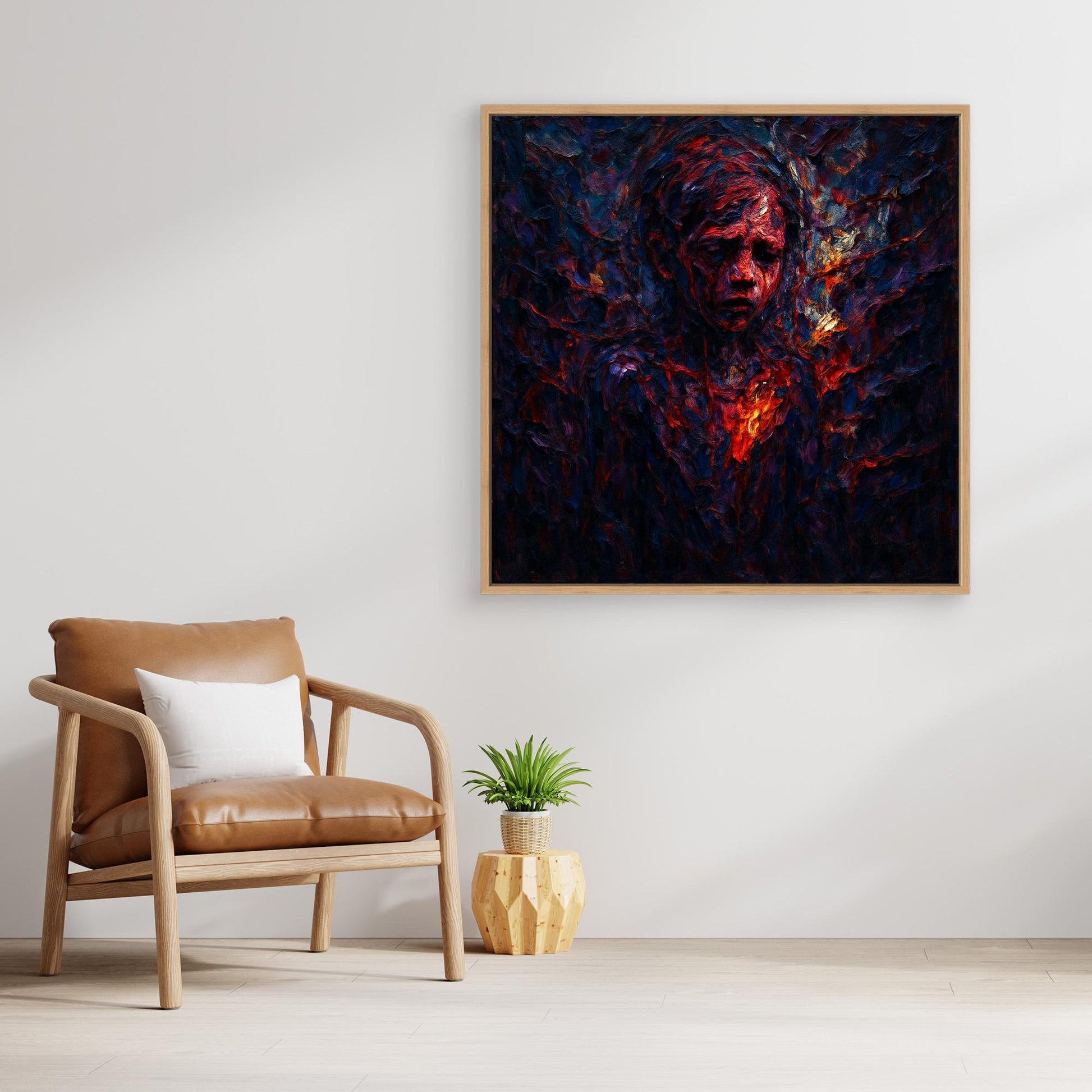 Figurative Fire Portrait – Dark Emotional Canvas Wall Art