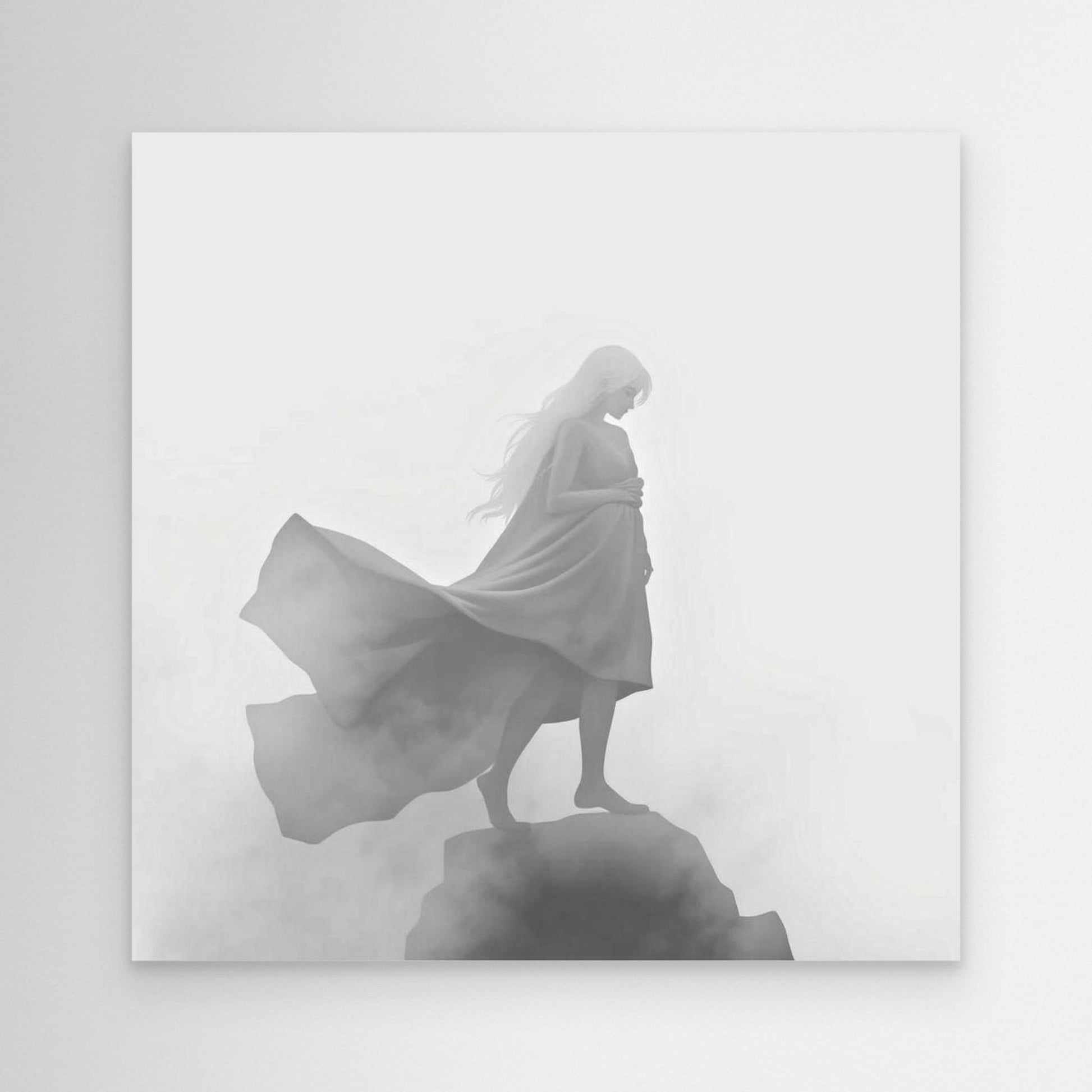 Veil of the Mist – Minimalist Black and White Canvas Wall Art of a Mysterious Woman in the Fog
