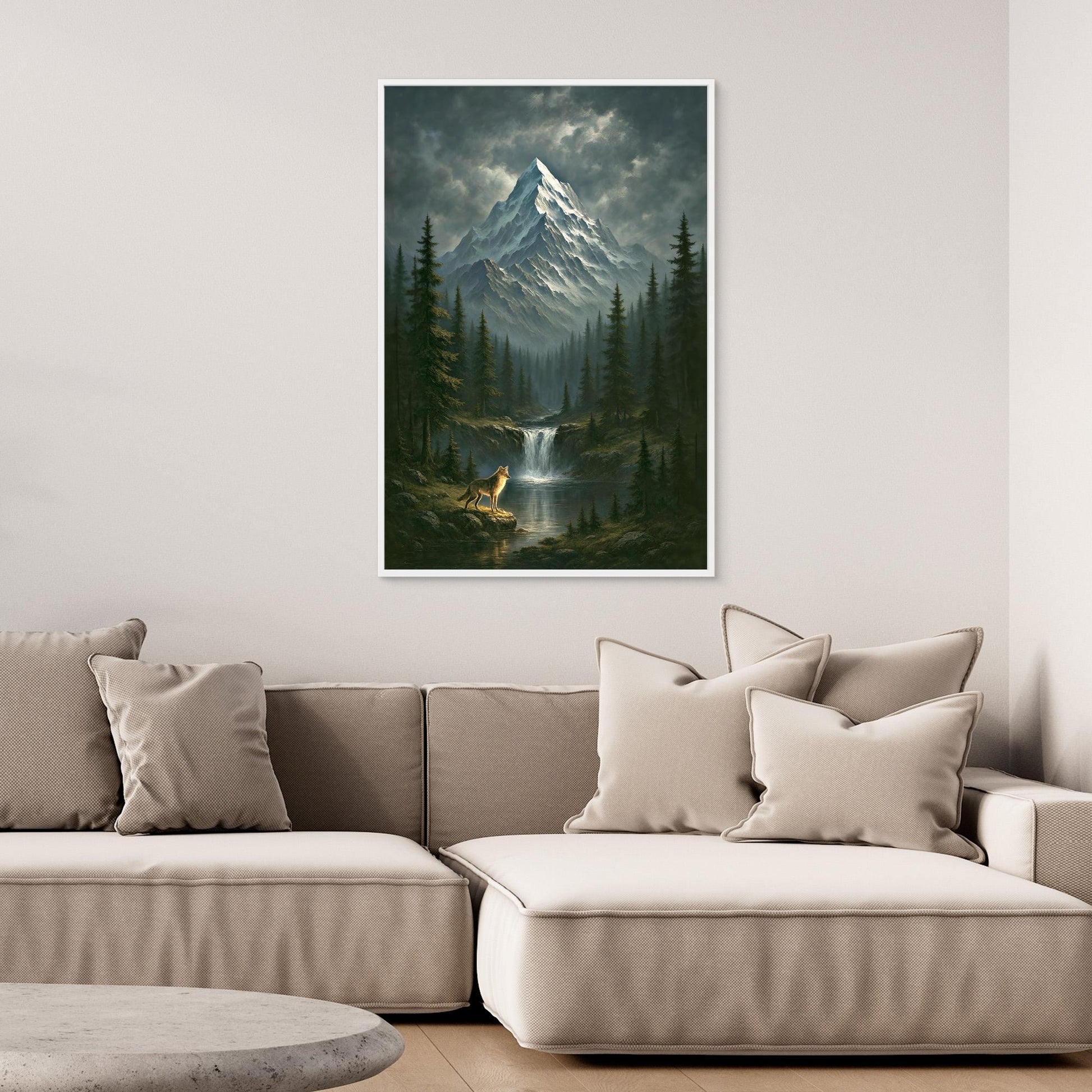 Wilderness Spirit – Wolf, Waterfall & Snowy Mountain Canvas Print