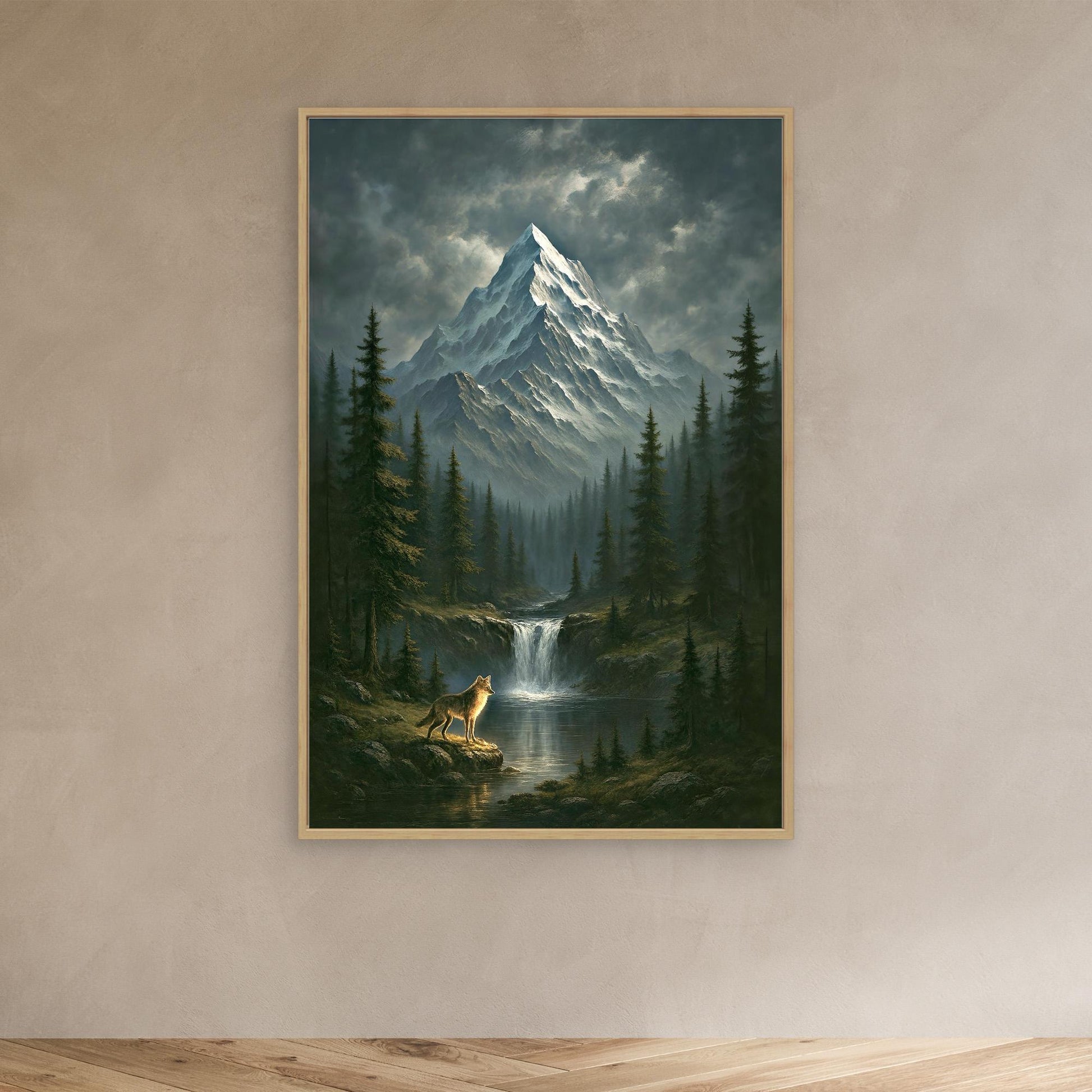 Wilderness Spirit – Wolf, Waterfall & Snowy Mountain Canvas Print
