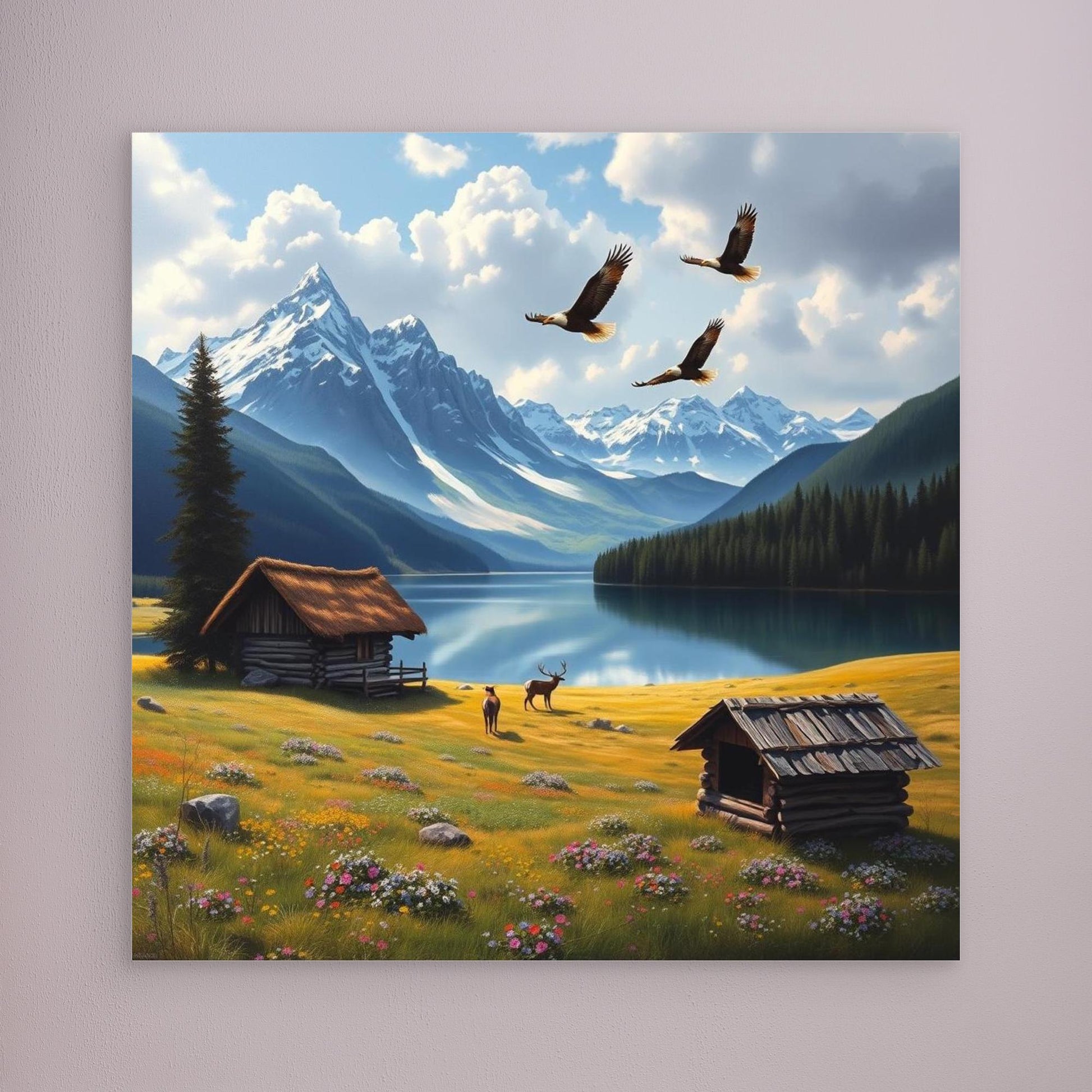Golden Meadow Escape – Cabin, Eagles & Deer in Mountain Valley