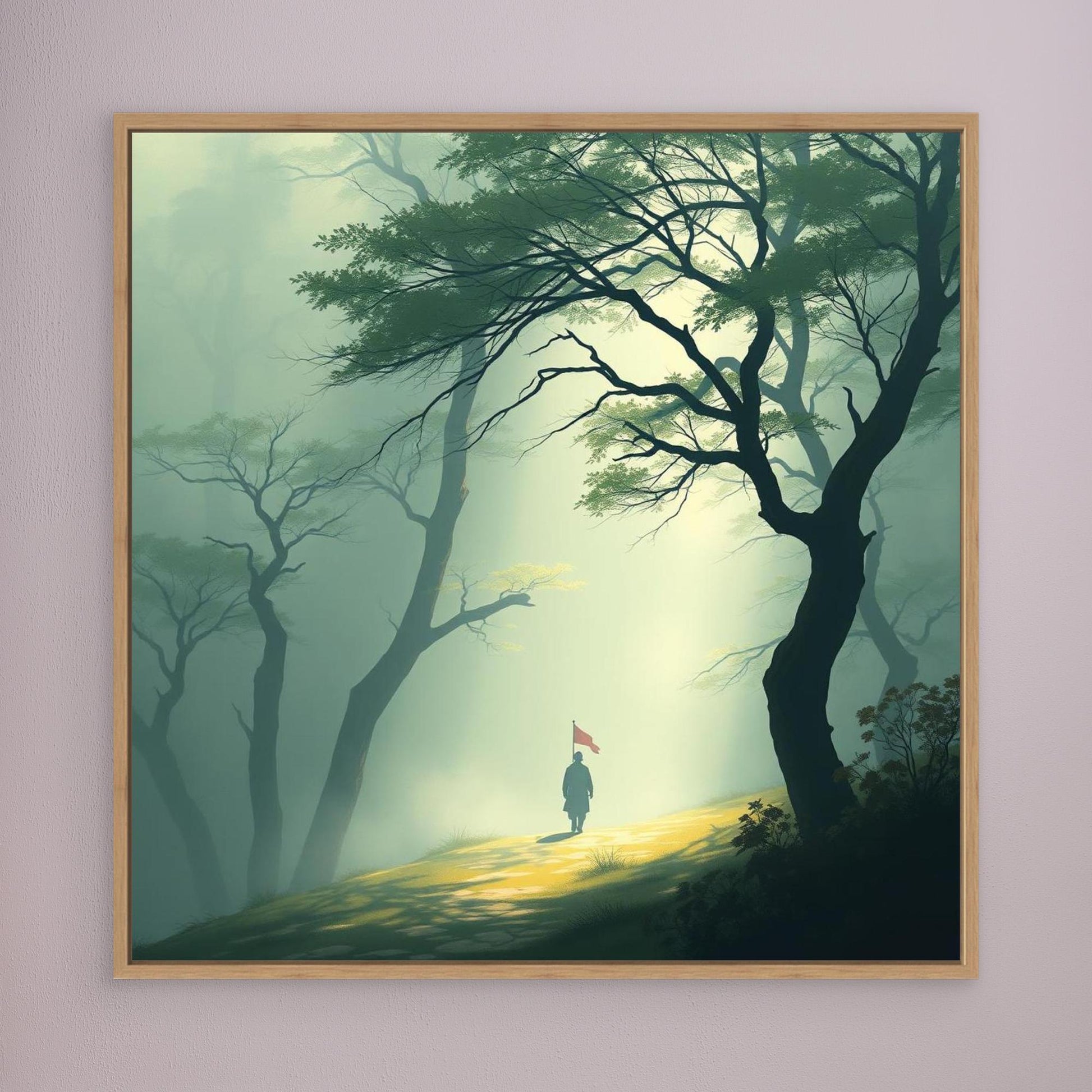 Path of Resolve – Minimalist Forest Canvas Wall Art with Lone Figure and Red Flag