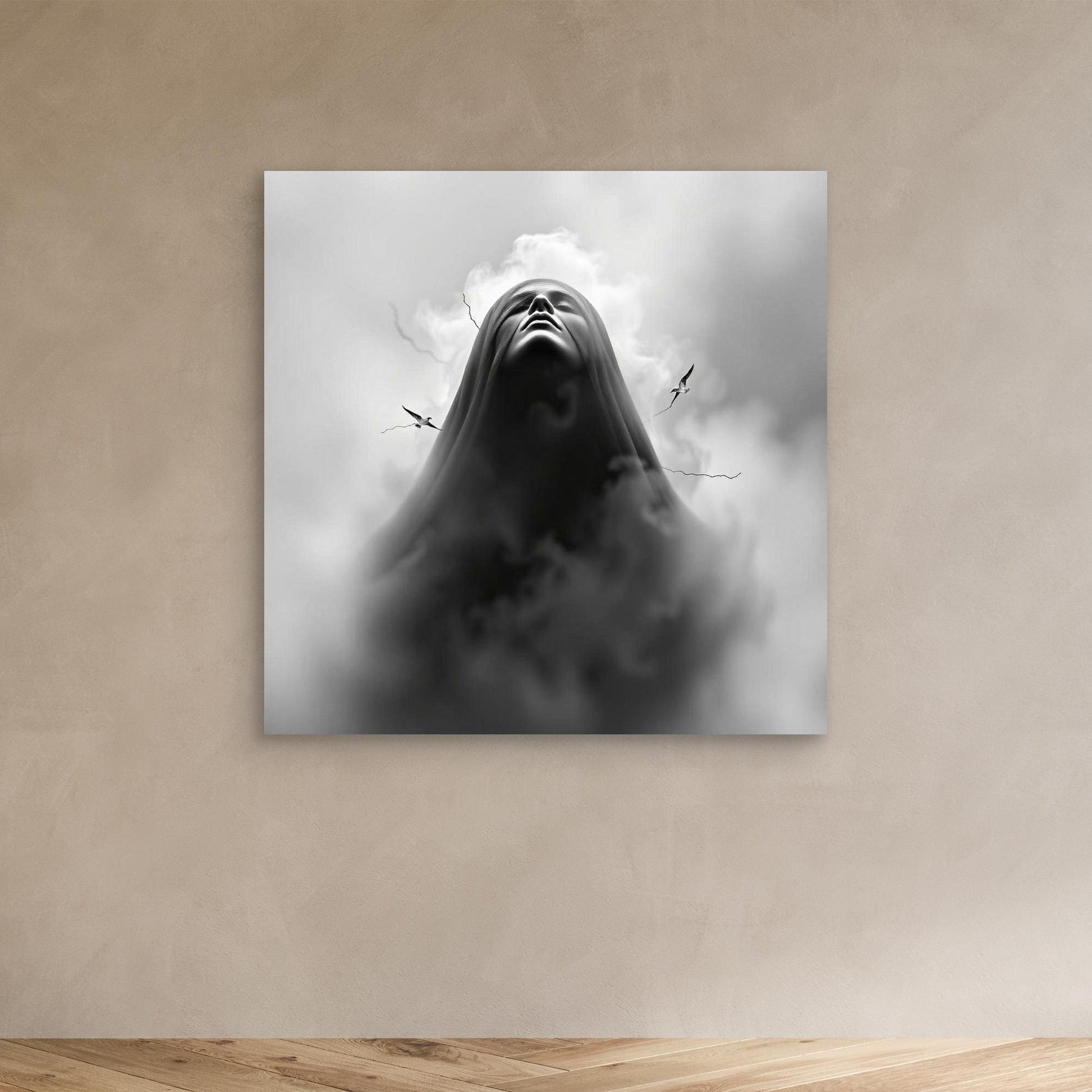 Ascension Through the Storm – Surreal Black and White Canvas Wall Art