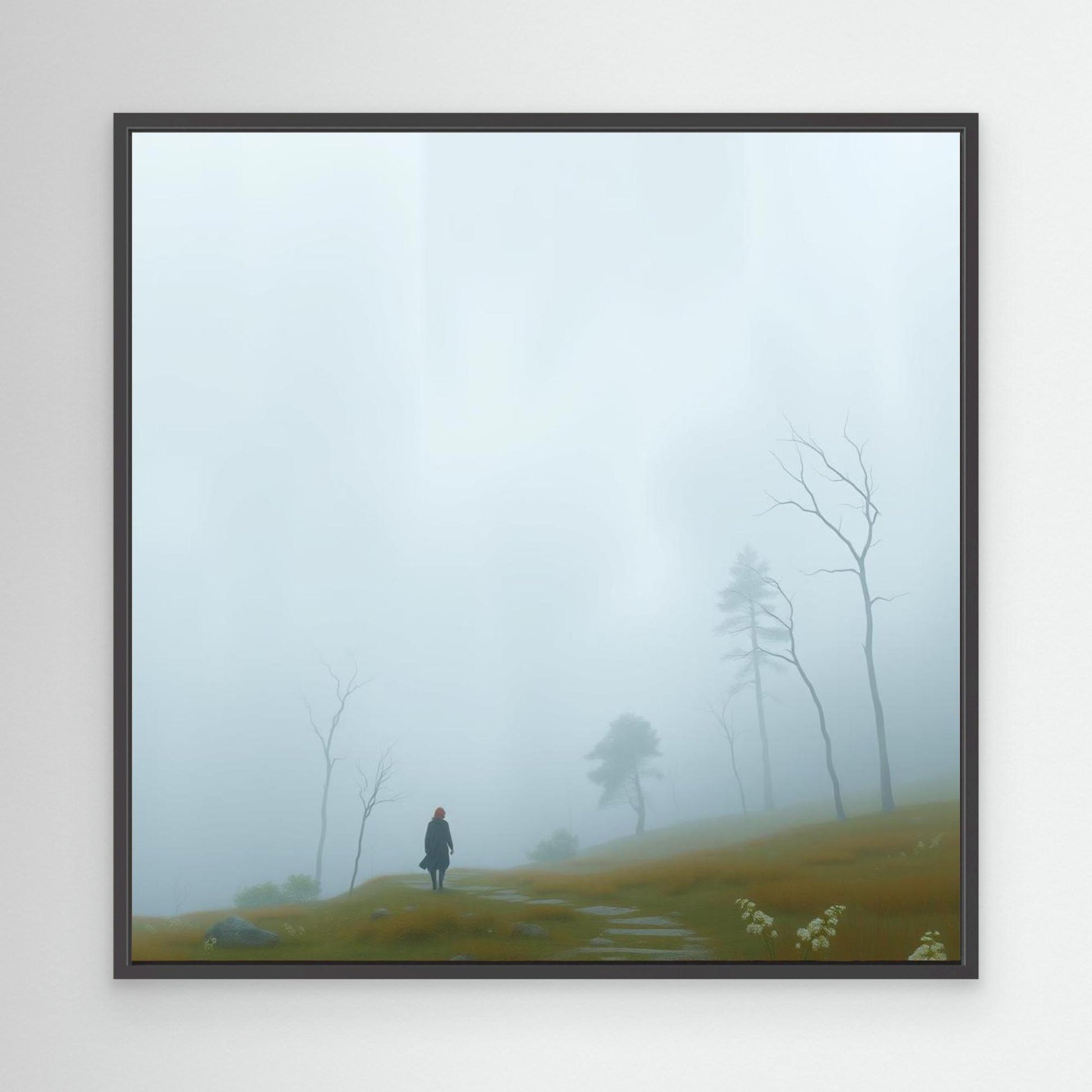 Into the Mist – Minimalist Canvas Wall Art of Woman Walking Through Foggy Landscape