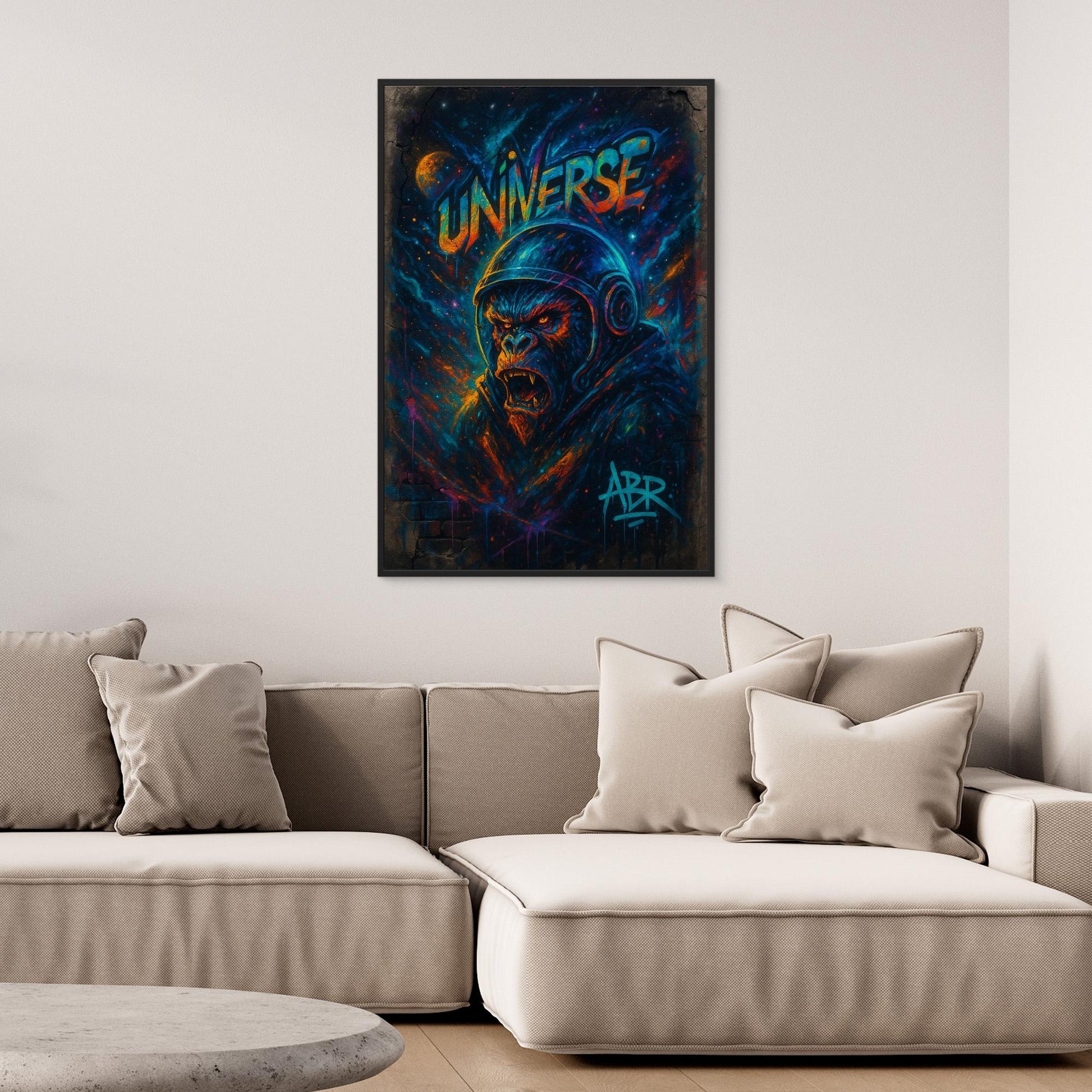 Astronaut Gorilla Canvas Wall Art – Urban Neon Space Graffiti