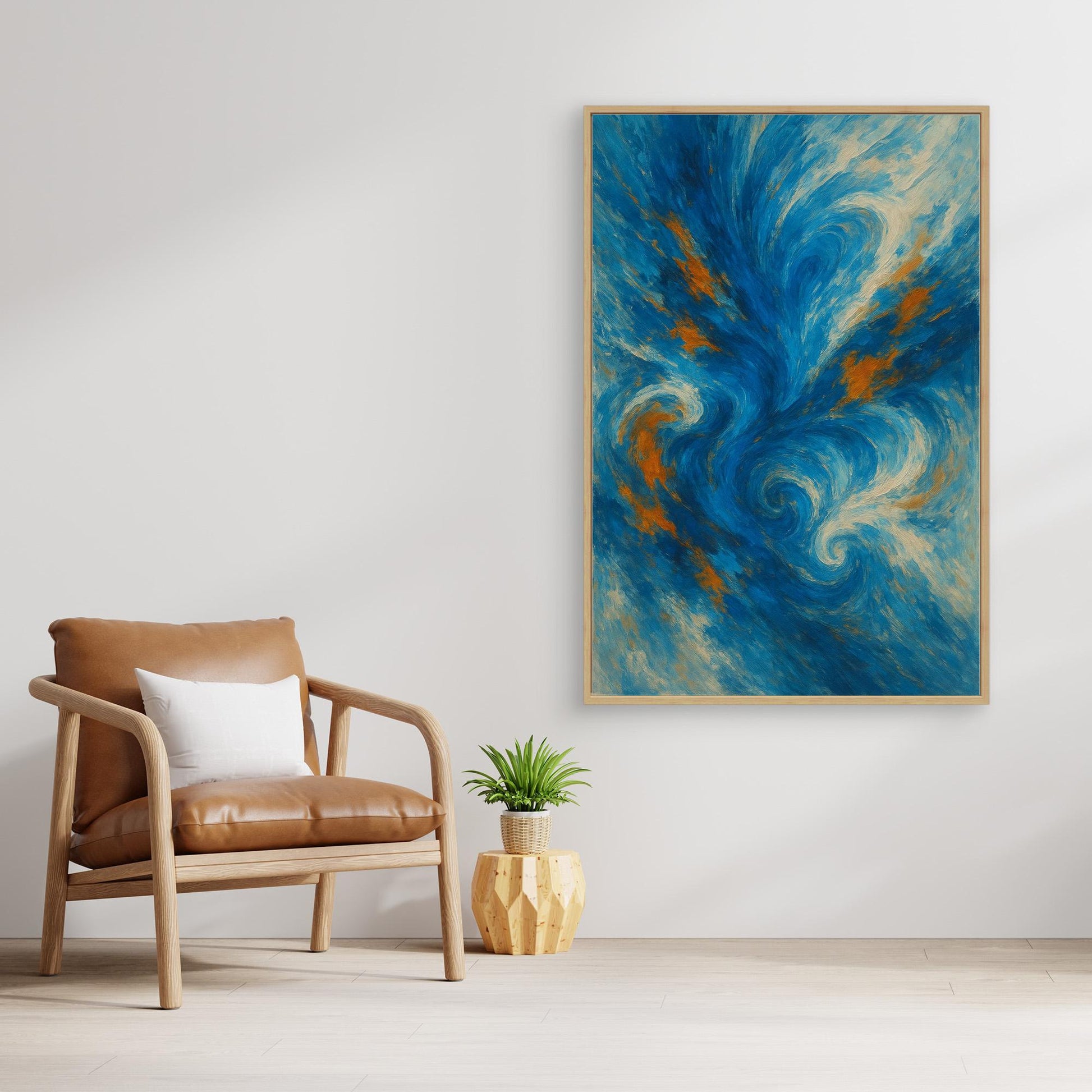 Abstract Ocean Swirl Canvas Wall Art – Blue and Orange Brush Texture