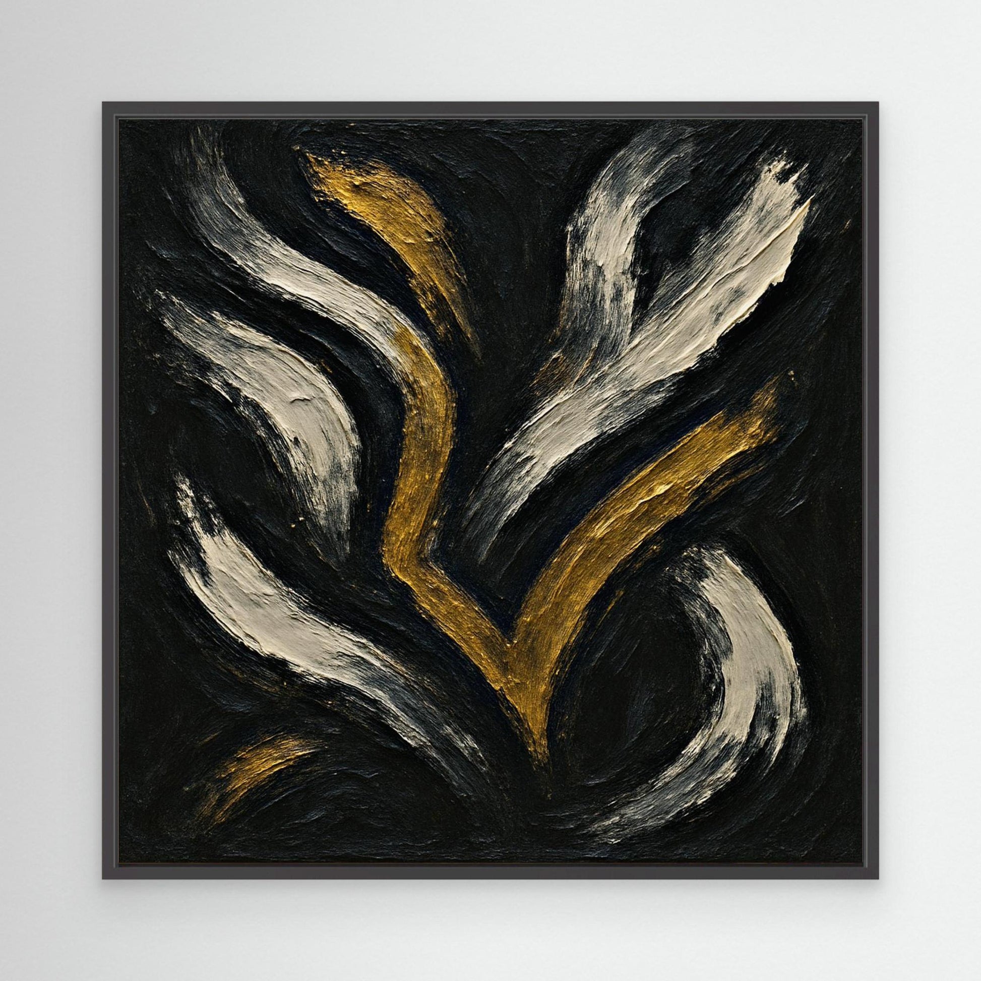 Gold and White Abstract Canvas Wall Art – Flowing Brush Design
