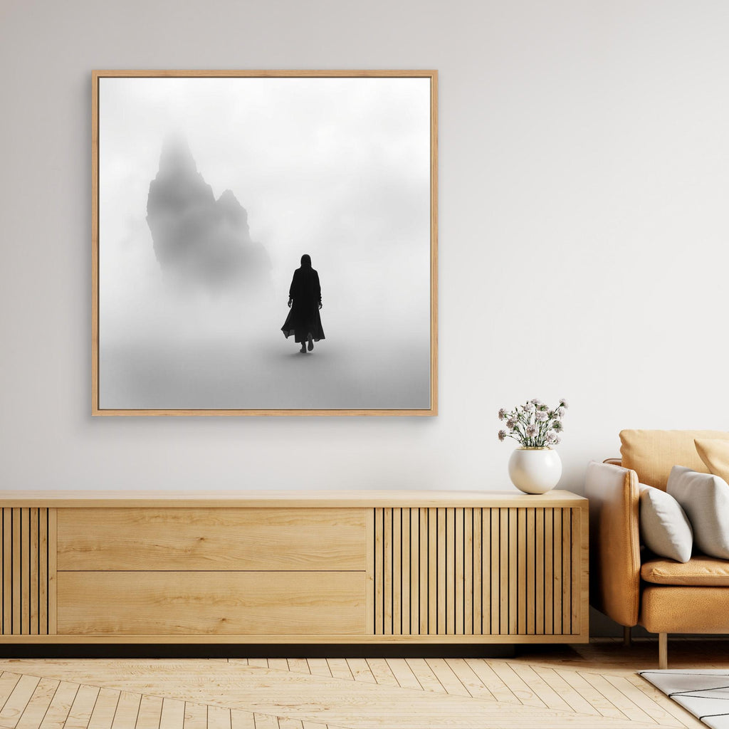 Into the Silence – Minimalist Black and White Canvas Art of Solitary Figure in Foggy Landscape