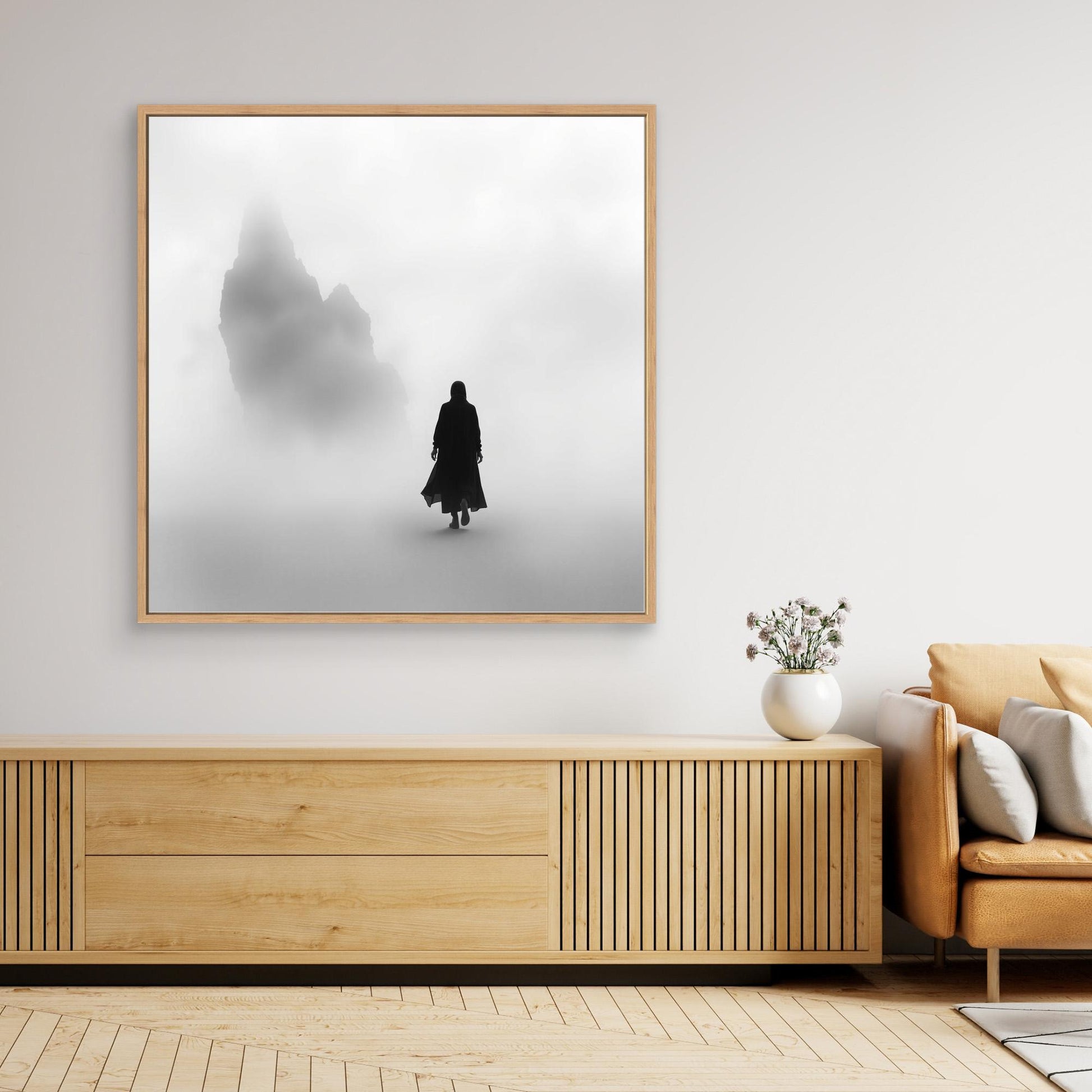 Into the Silence – Minimalist Black and White Canvas Art of Solitary Figure in Foggy Landscape