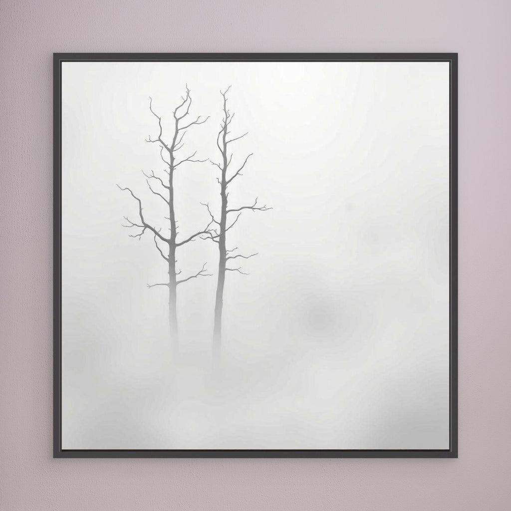 Echoes in the Fog – Minimalist Black and White Nature Canvas Art | Misty Trees Wall Decor