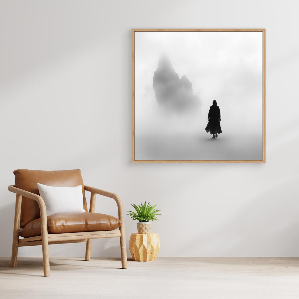 Into the Silence – Minimalist Black and White Canvas Art of Solitary Figure in Foggy Landscape