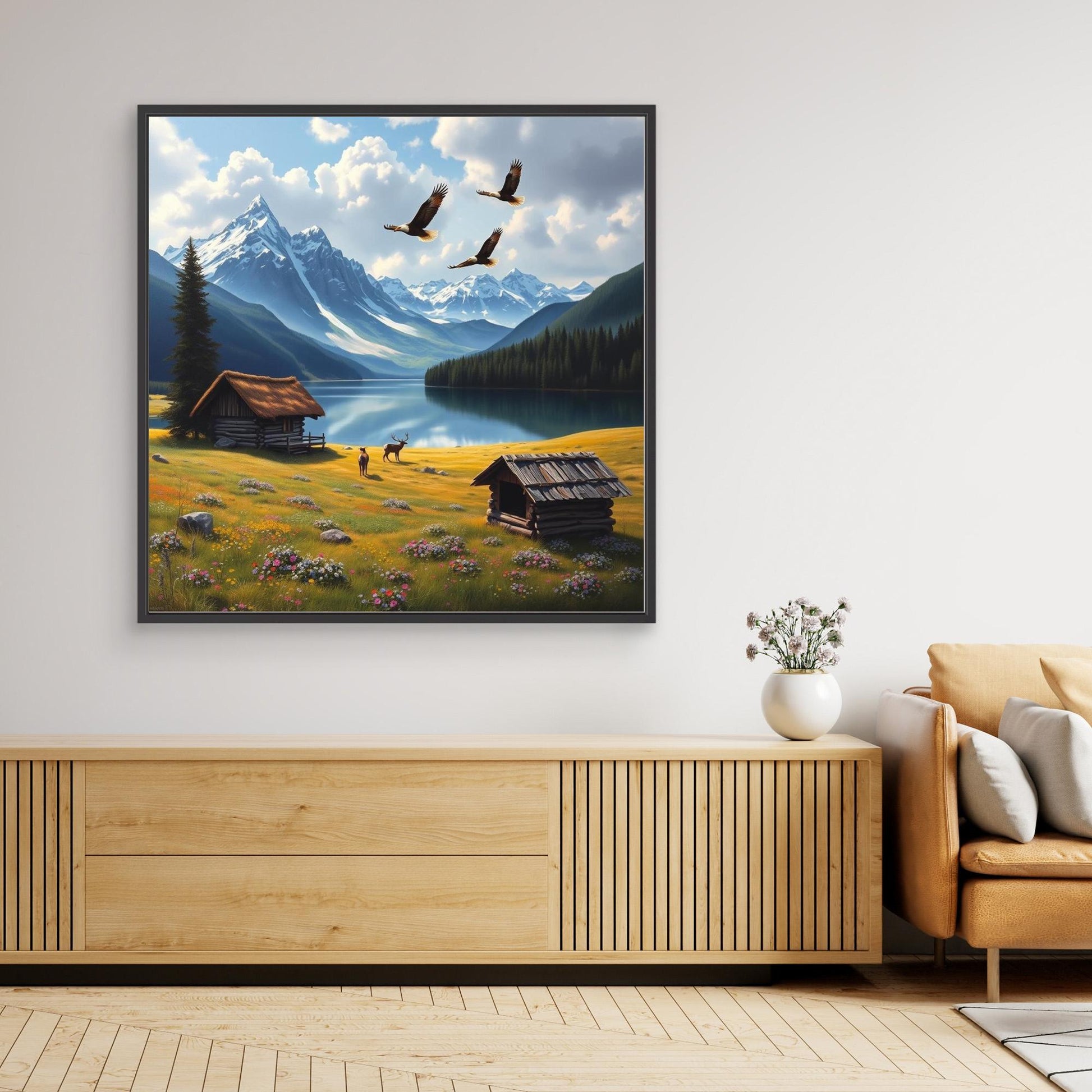 Golden Meadow Escape – Cabin, Eagles & Deer in Mountain Valley
