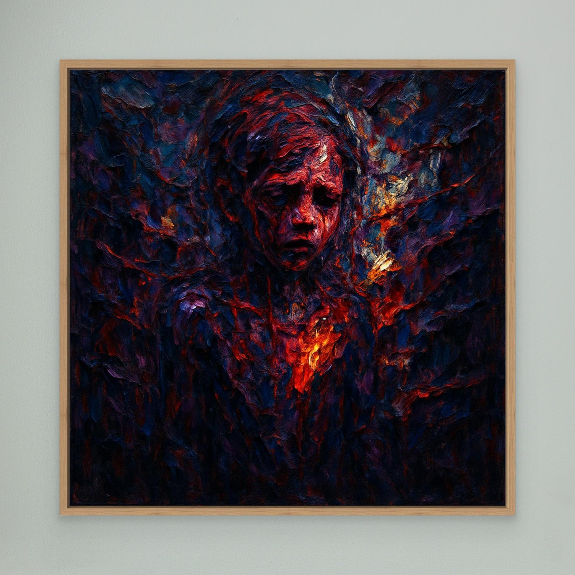 Figurative Fire Portrait – Dark Emotional Canvas Wall Art