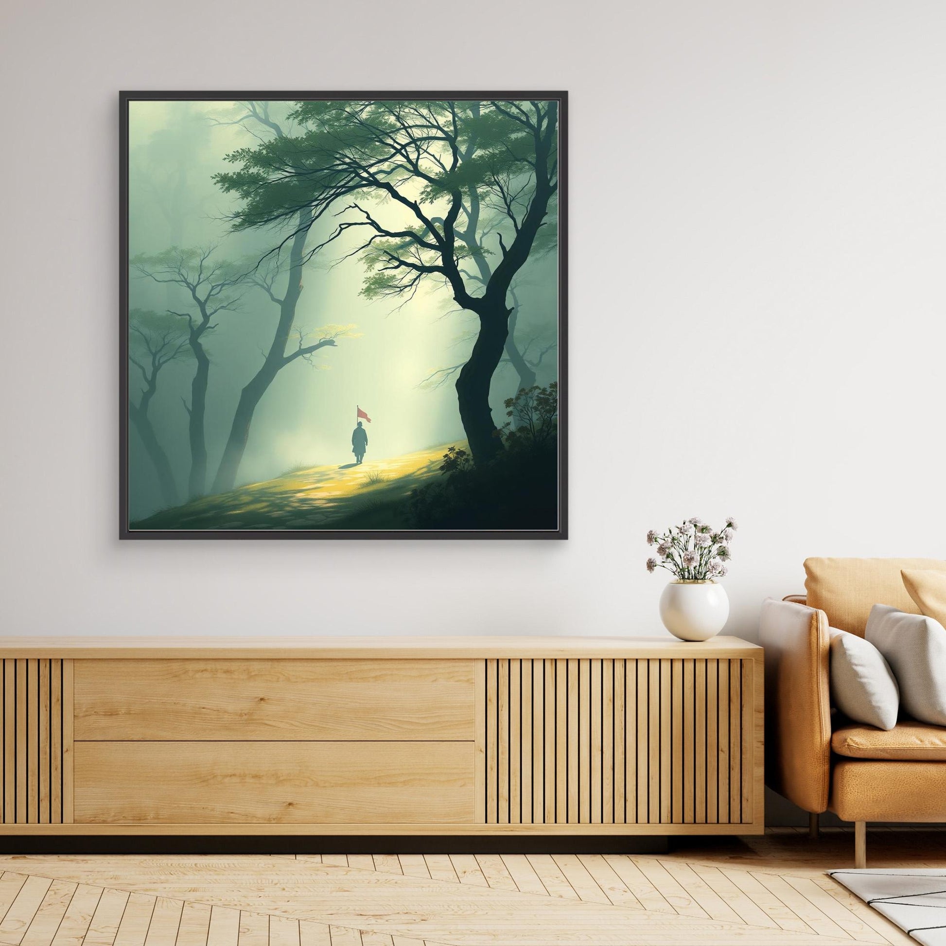 Path of Resolve – Minimalist Forest Canvas Wall Art with Lone Figure and Red Flag