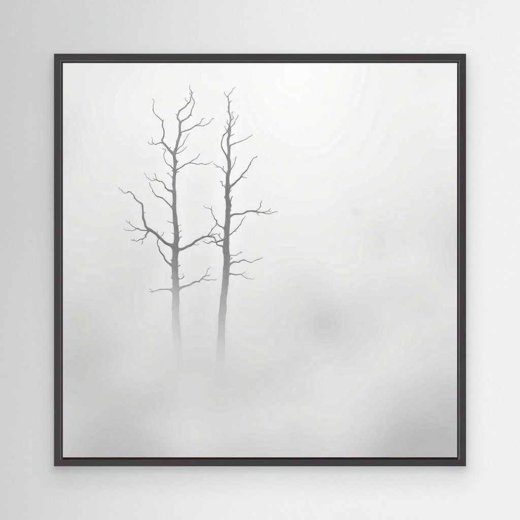 Echoes in the Fog – Minimalist Black and White Nature Canvas Art | Misty Trees Wall Decor