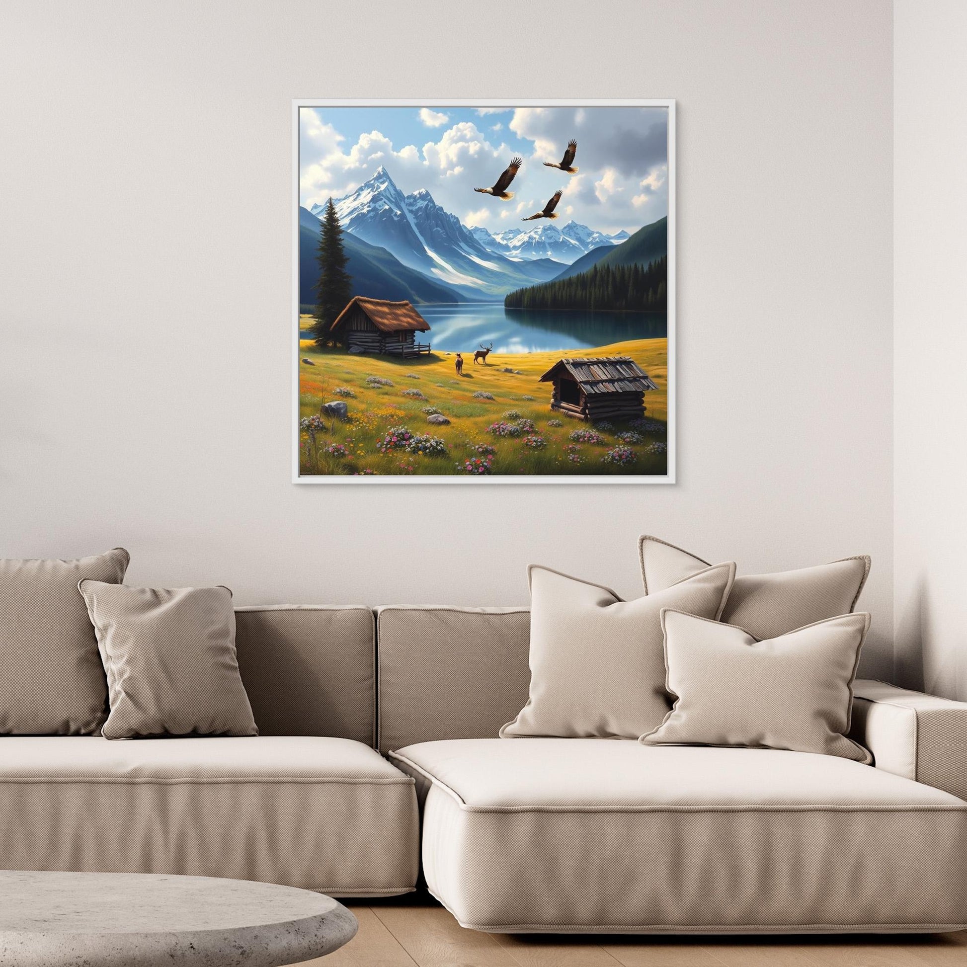 Golden Meadow Escape – Cabin, Eagles & Deer in Mountain Valley