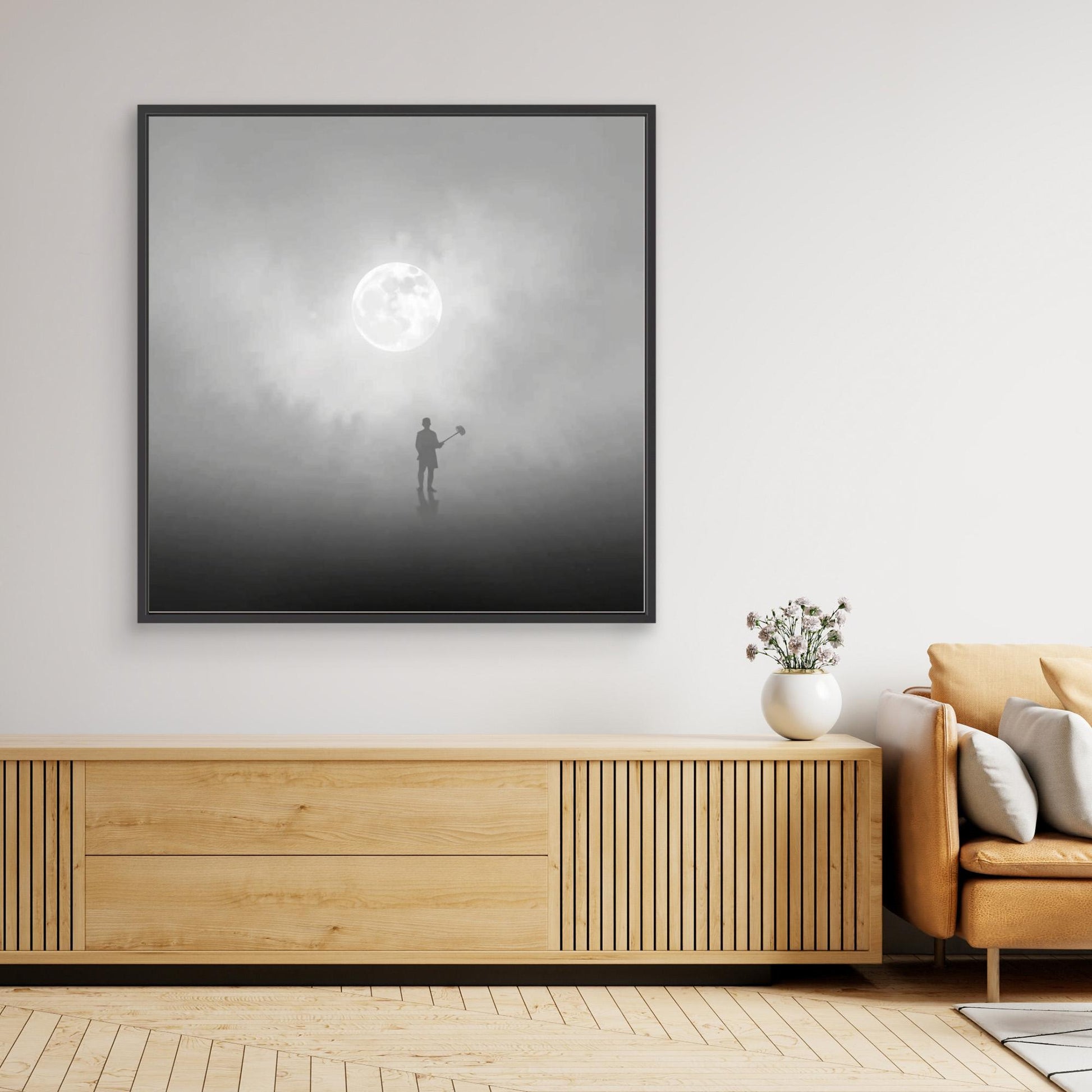 The Digger of Dreams – Minimalist Misty Landscape Art with Full Moon & Shovel Silhouette”