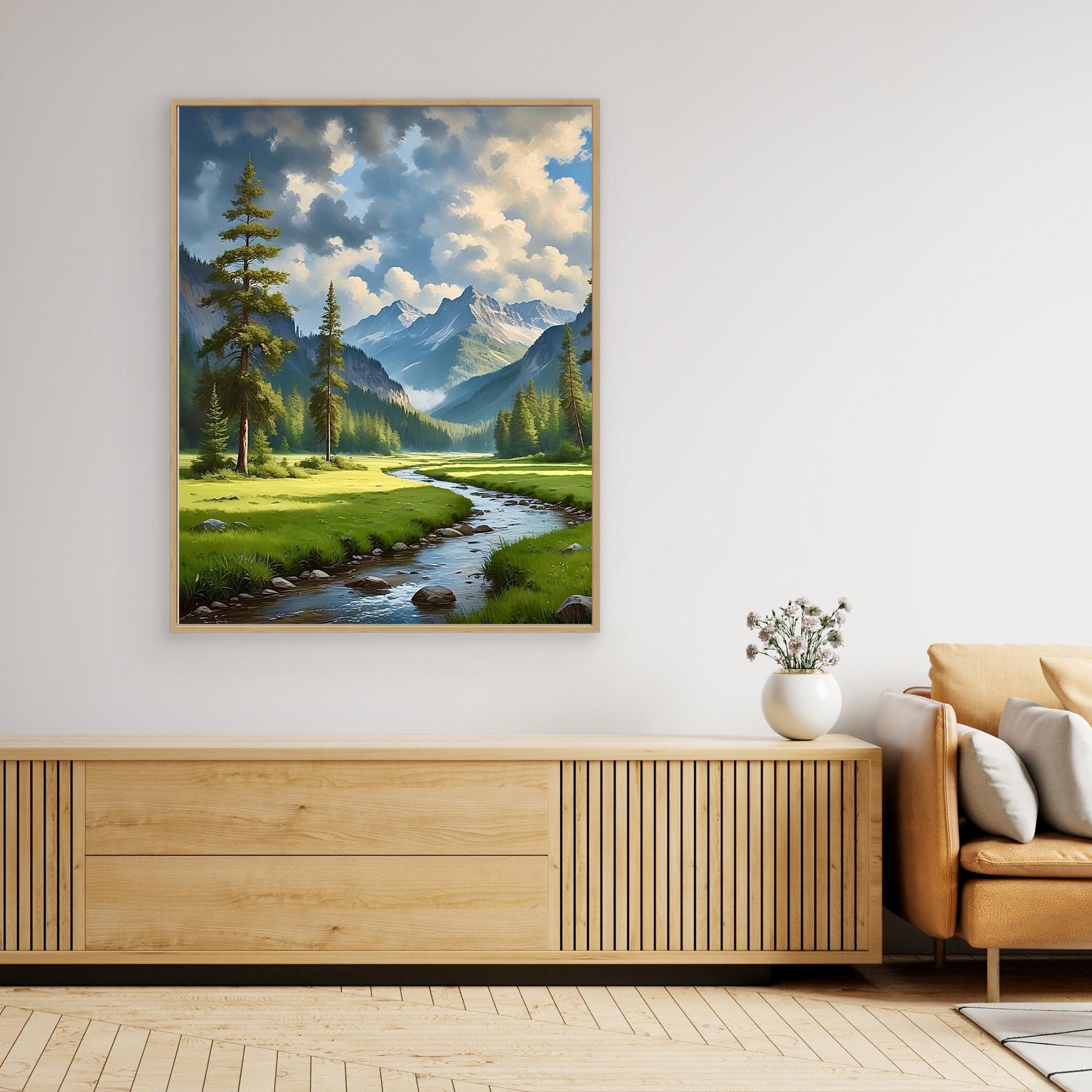 Mountain Valley Canvas Wall Art – Scenic River, Forest & Clouds Landscape Print