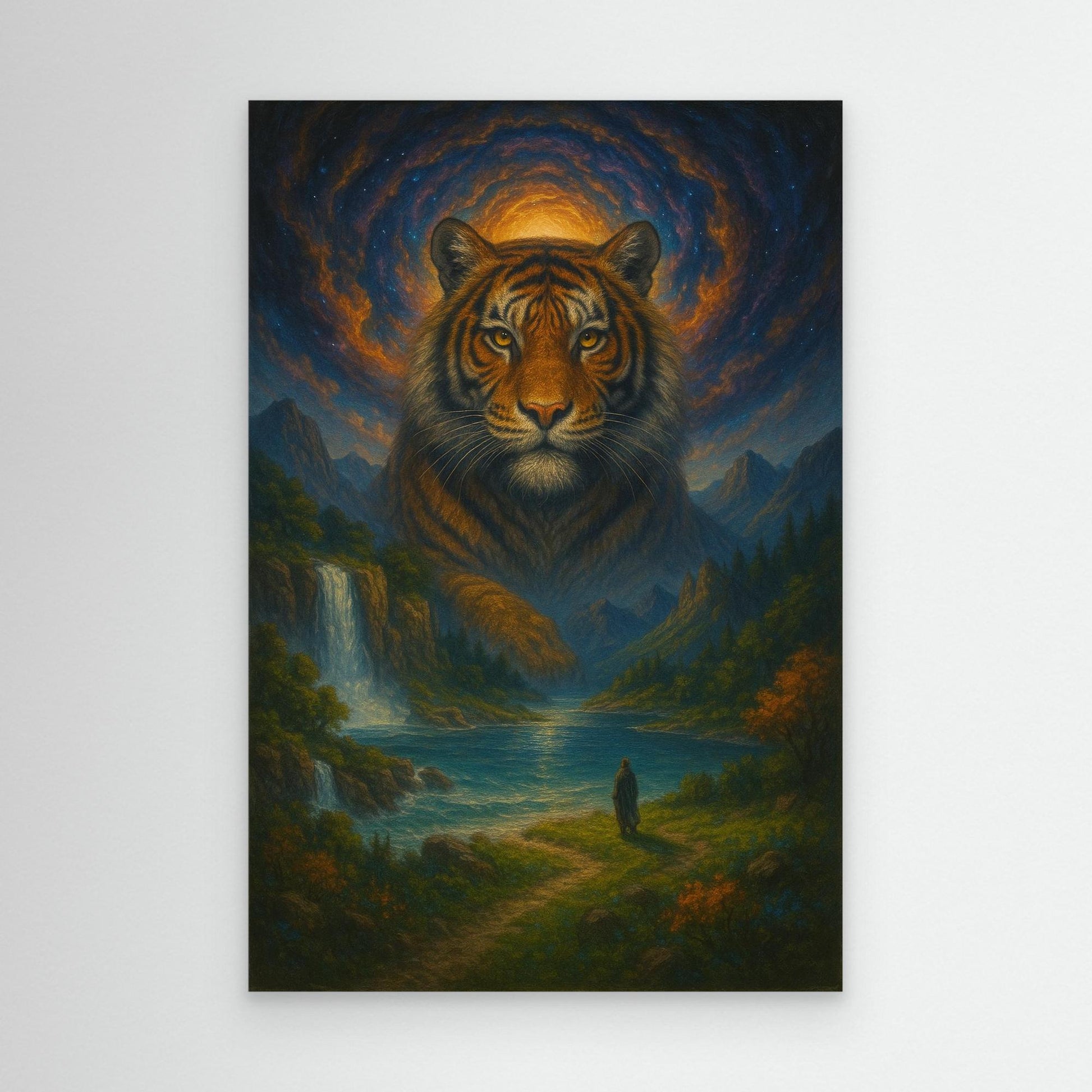 Mystic Tiger Spirit | Fantasy Canvas Wall Art of Majestic Jungle and Waterfall Landscape