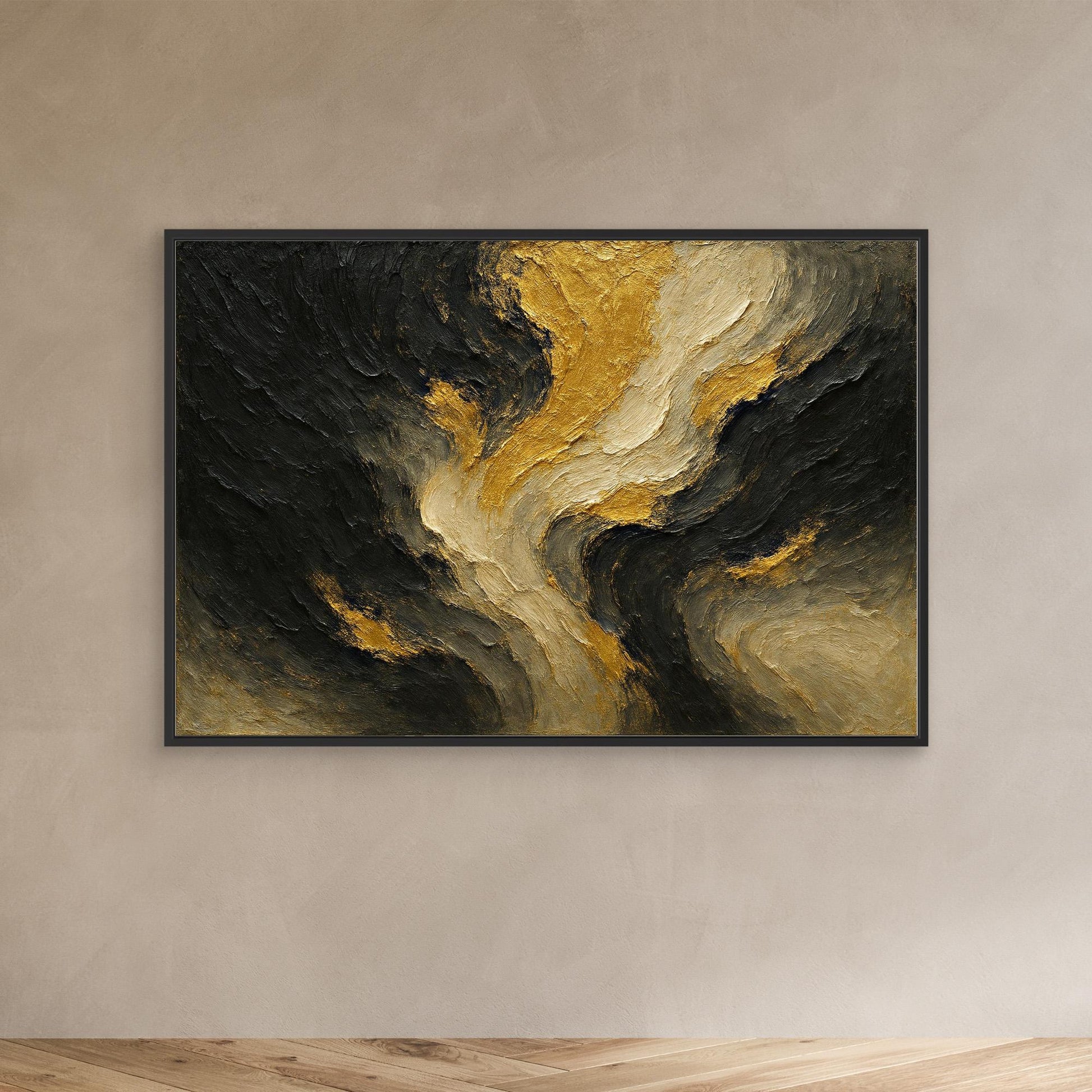 Gold and Black Abstract Canvas Wall Art – Modern Textured Print