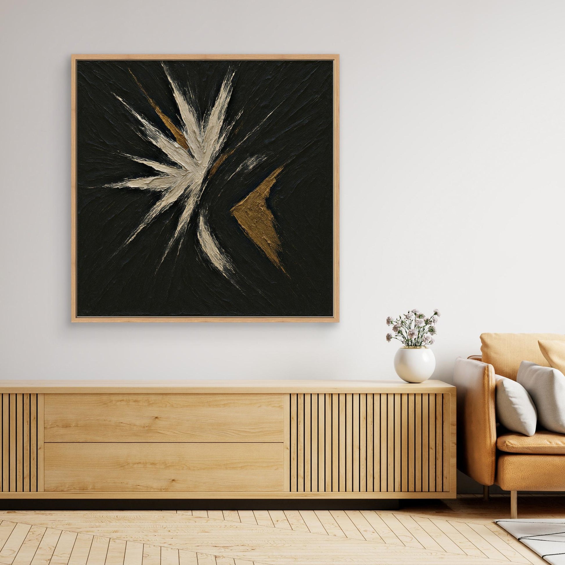 Abstract Starburst Canvas Wall Art – Black, Gold & Ivory