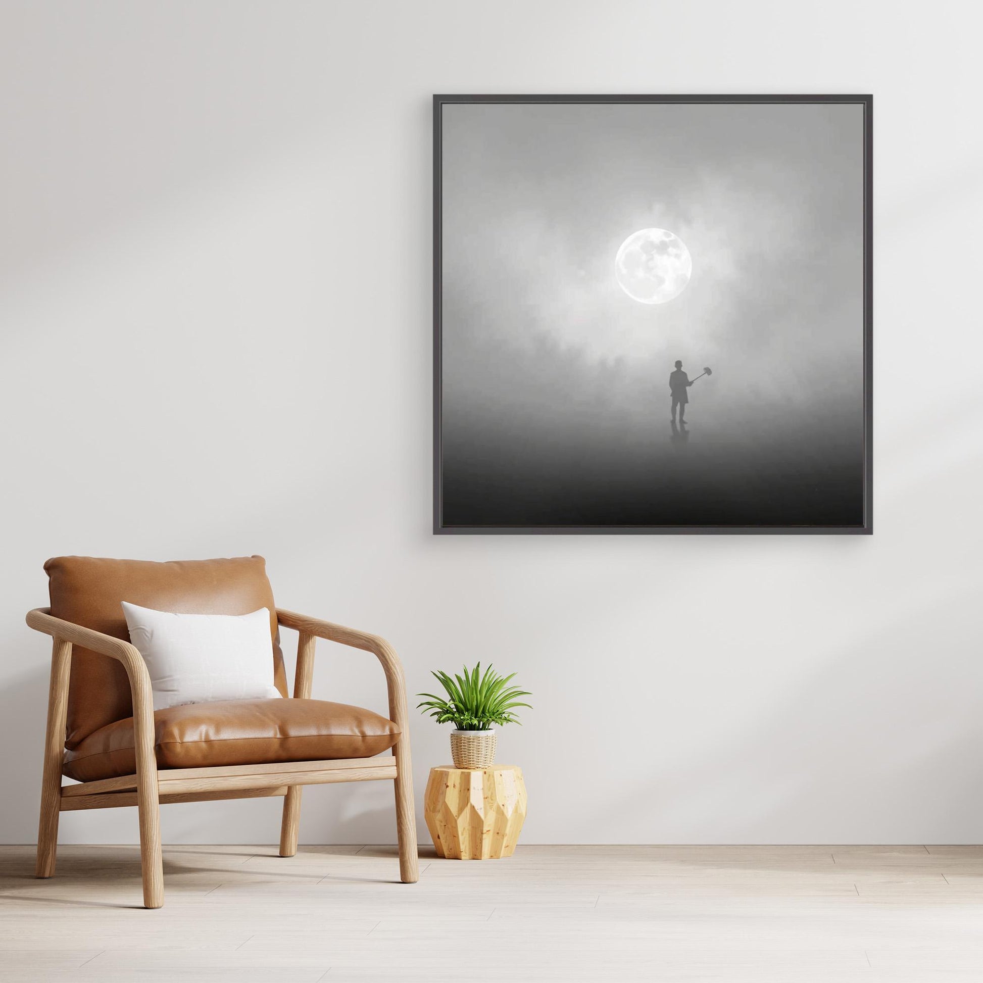 The Digger of Dreams – Minimalist Misty Landscape Art with Full Moon & Shovel Silhouette”