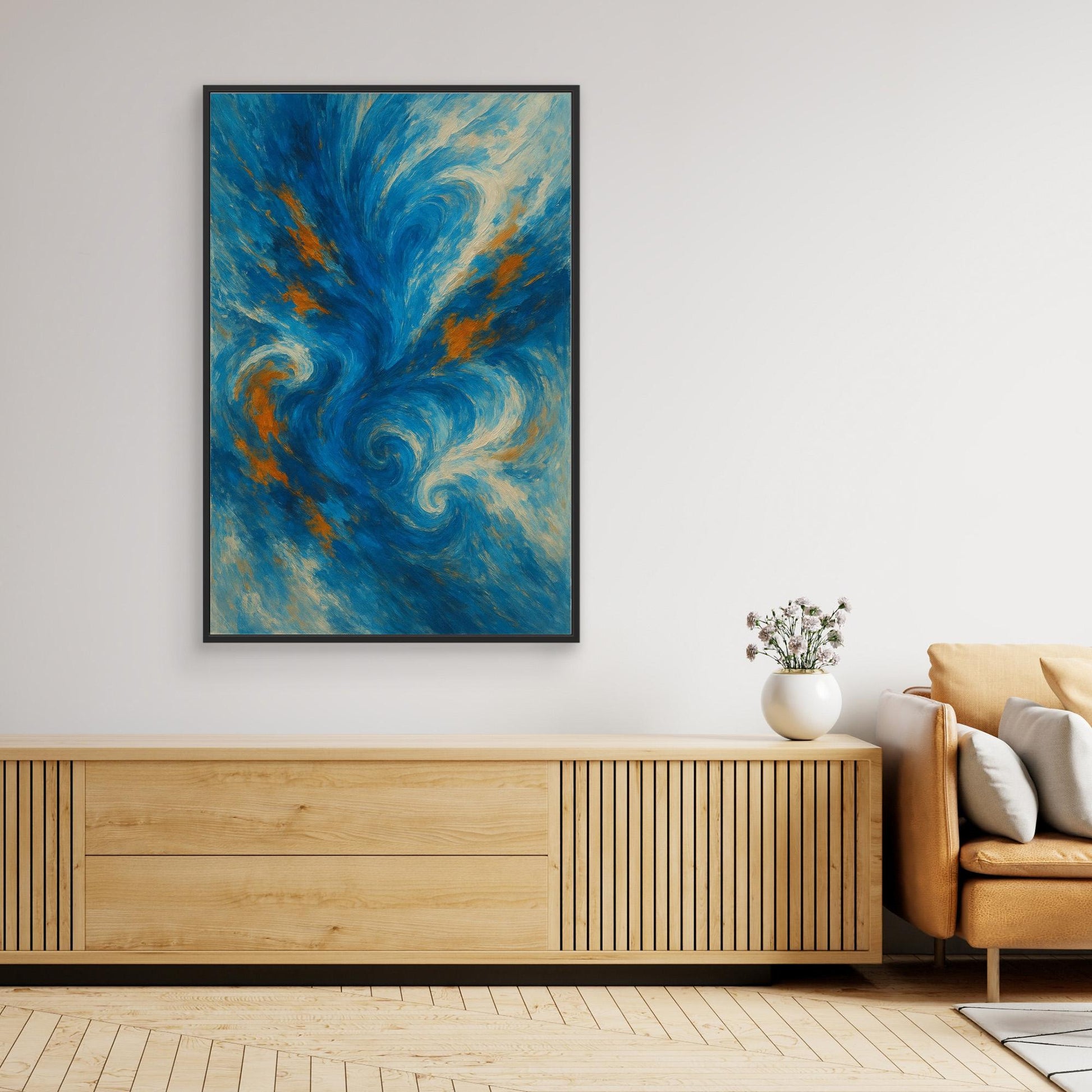 Abstract Ocean Swirl Canvas Wall Art – Blue and Orange Brush Texture