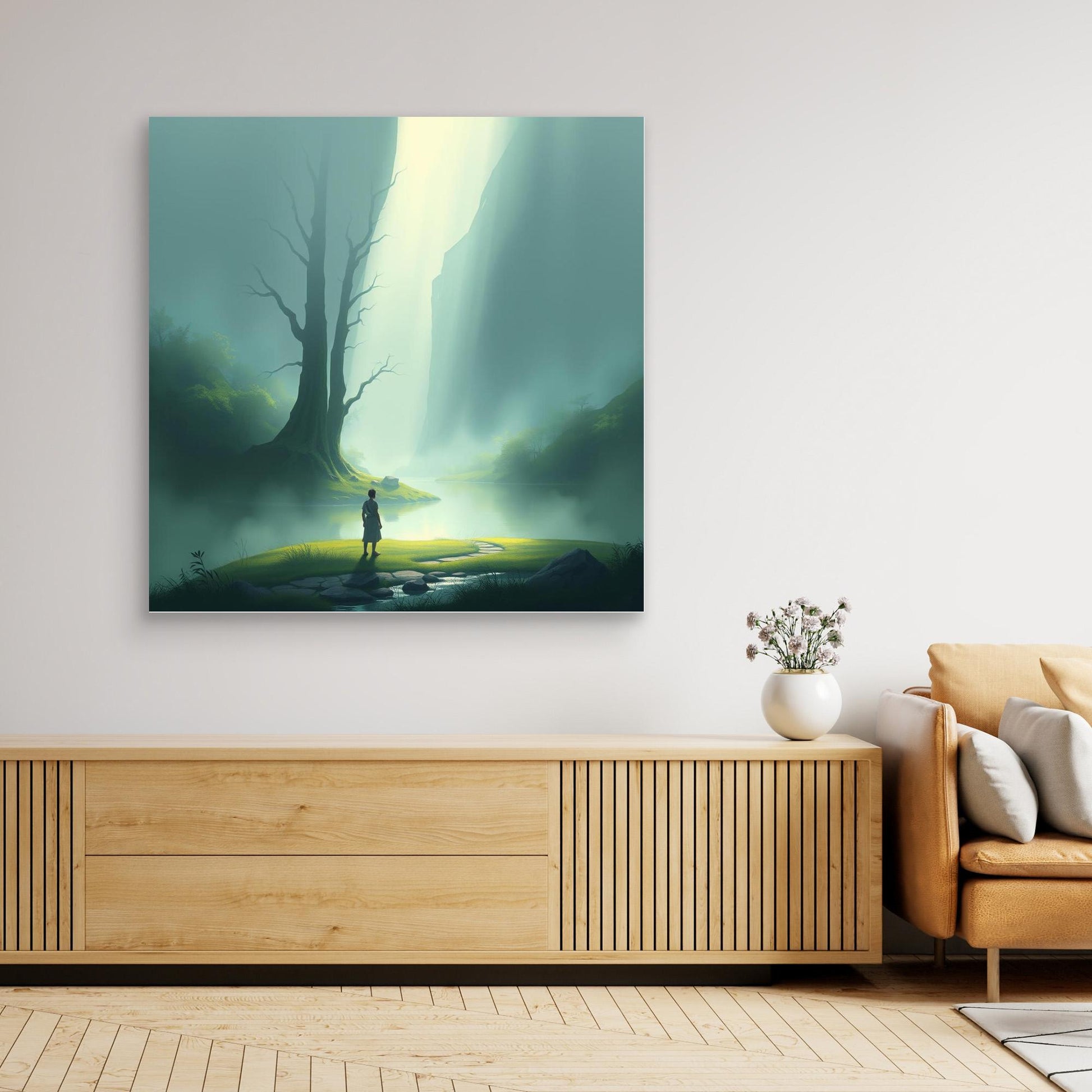 Misty Valley Awakening – Minimalist Nature Canvas Wall Art with Soft Light and Serenity