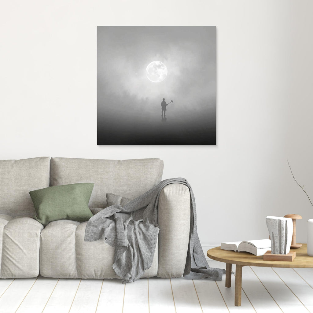 The Digger of Dreams – Minimalist Misty Landscape Art with Full Moon & Shovel Silhouette”