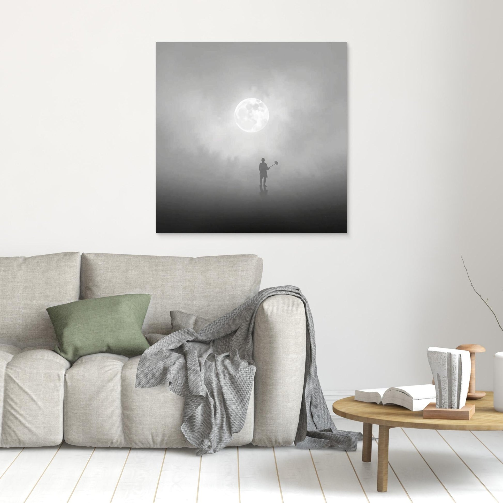 The Digger of Dreams – Minimalist Misty Landscape Art with Full Moon & Shovel Silhouette”