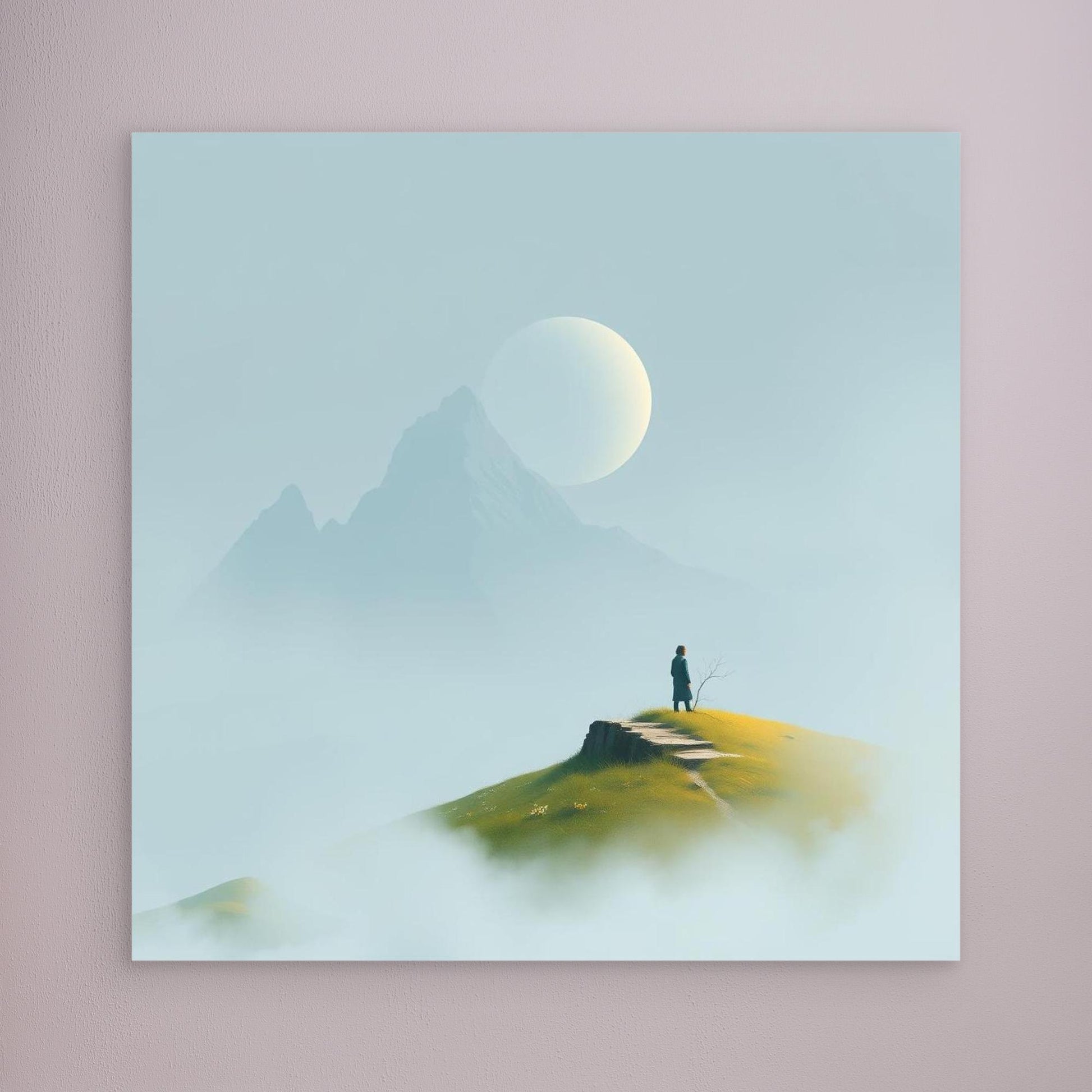 Solitude in the Mist – Minimalist Mountain Landscape Canvas Wall Art