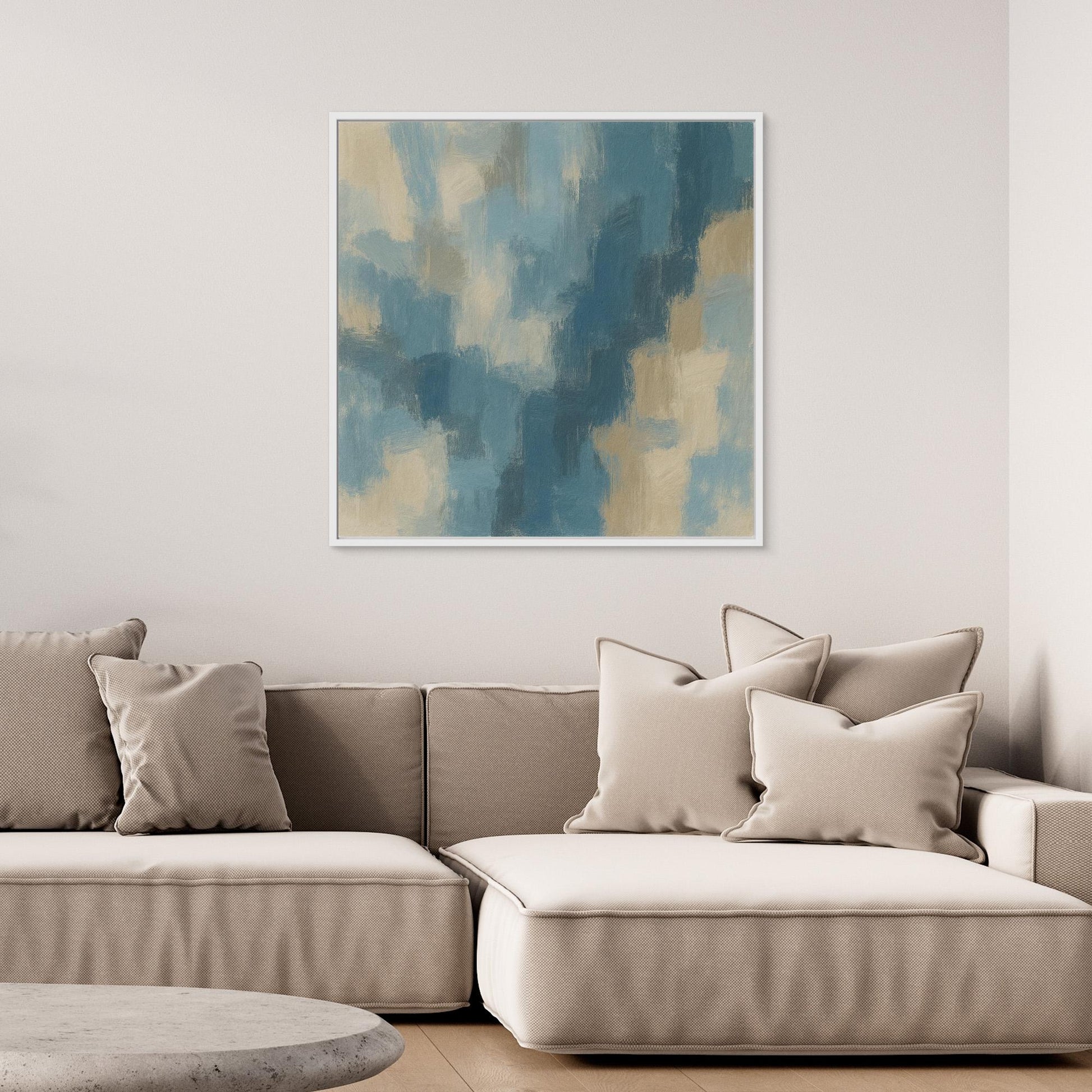 Ocean Drift – Modern Blue and Beige Abstract Canvas Print