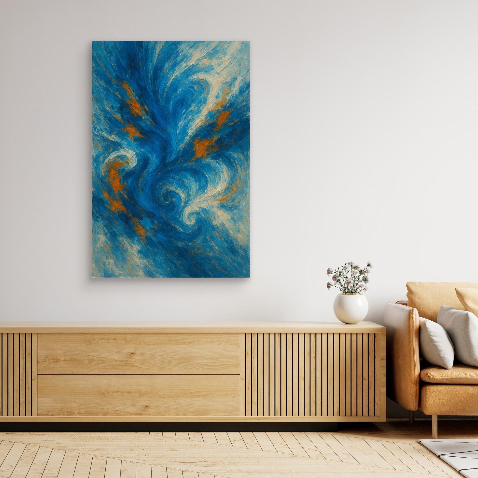 Abstract Ocean Swirl Canvas Wall Art – Blue and Orange Brush Texture
