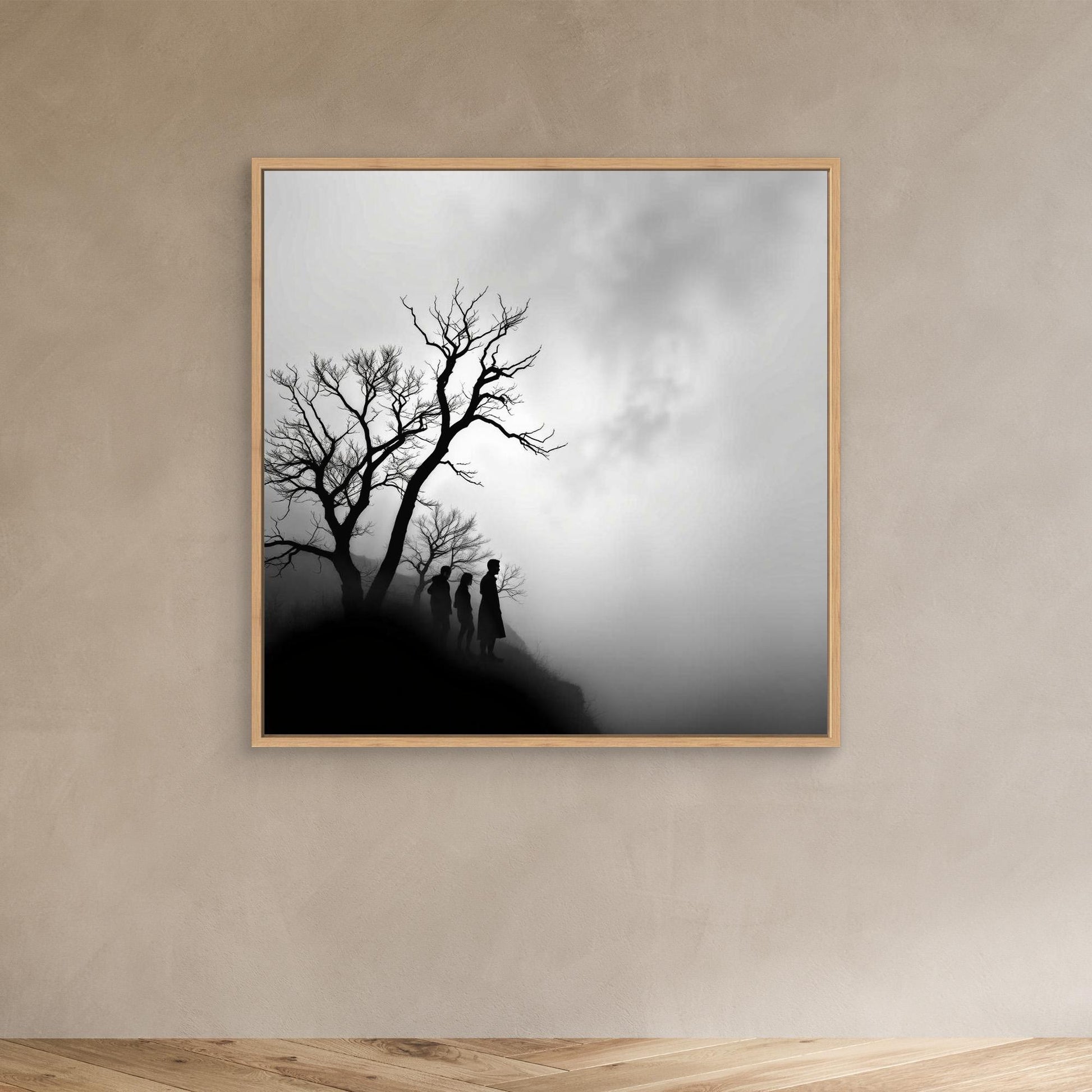 Edge of Silence – Minimalist Black & White Canvas Art | Surreal Fog Landscape with Silhouettes