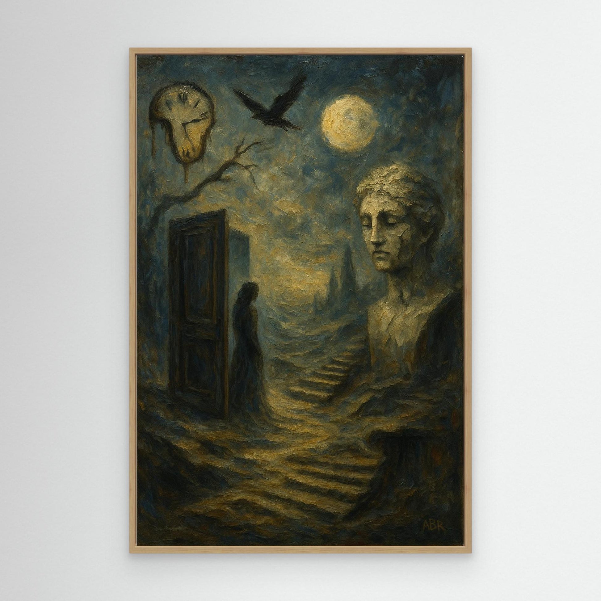 Surreal Dreamscape Canvas Wall Art – Moon and Statue