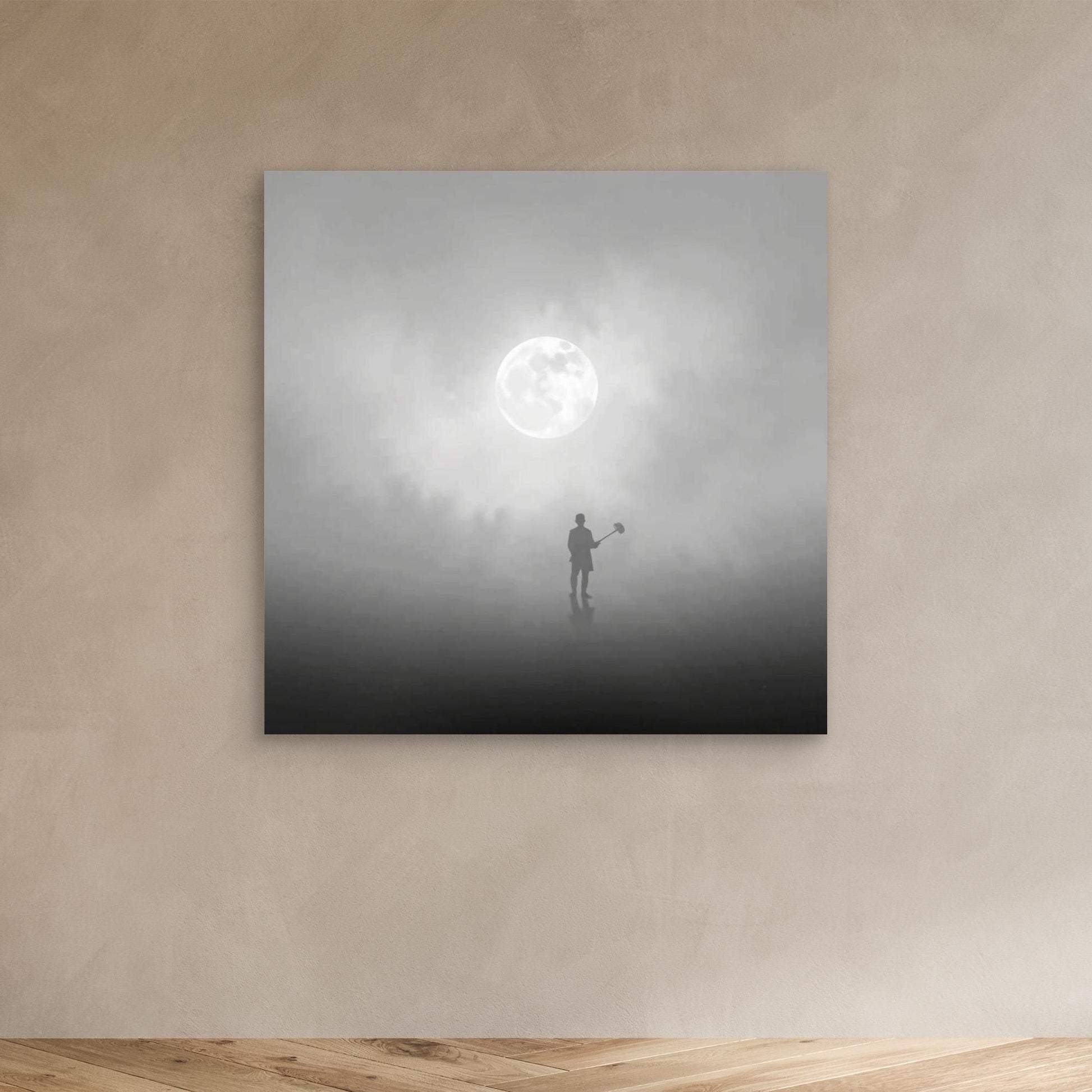 The Digger of Dreams – Minimalist Misty Landscape Art with Full Moon & Shovel Silhouette”