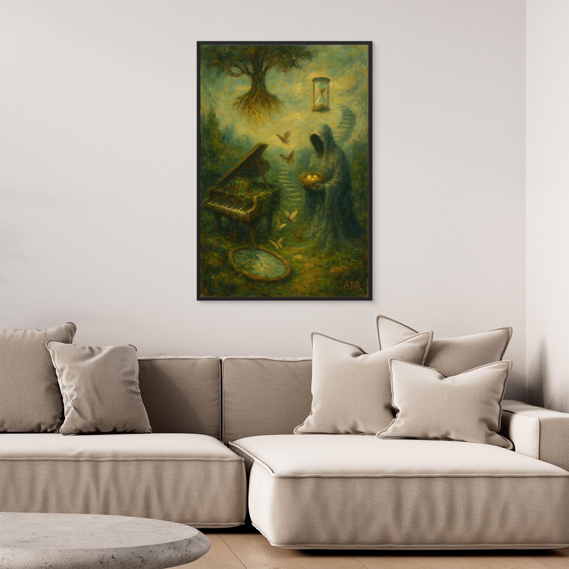 Surreal Canvas Wall Art with Hooded Figure and Piano
