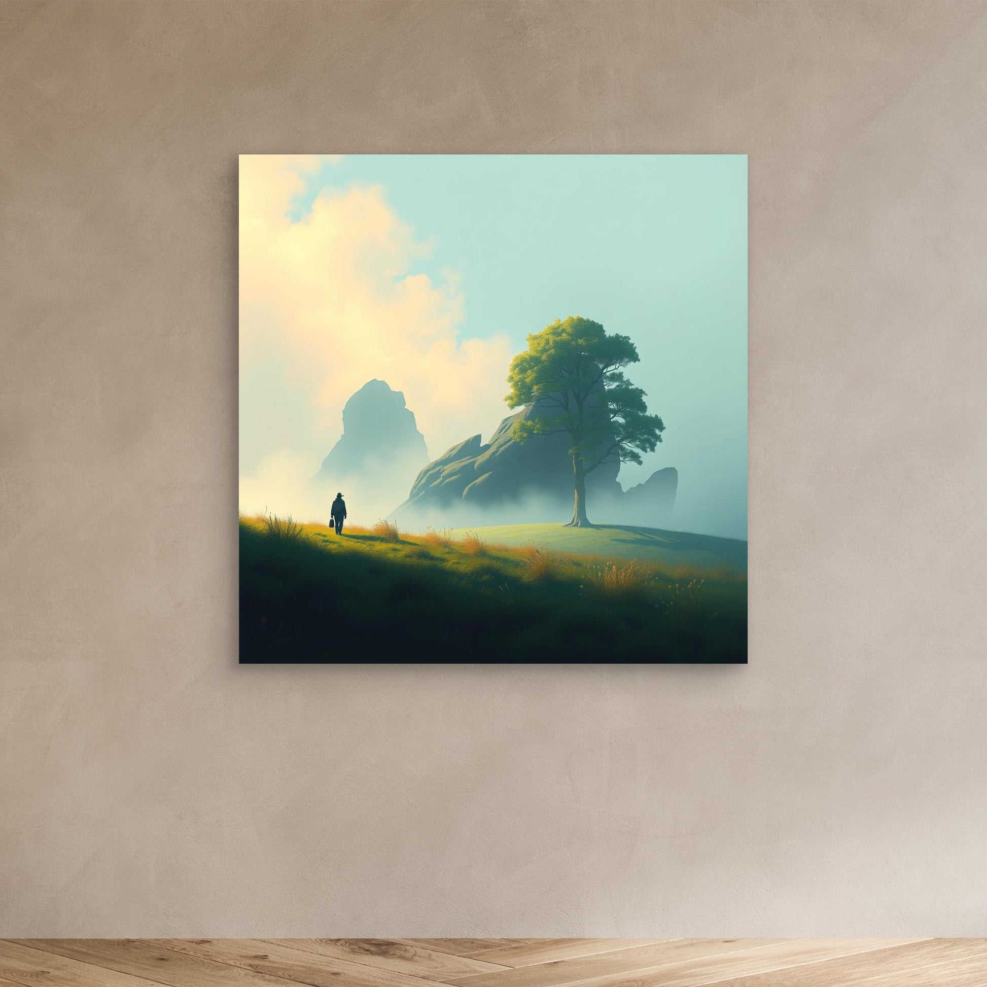 Lone Journey – Minimalist Nature Canvas Print | Serene Landscape Wall Art with Tree and Mountains