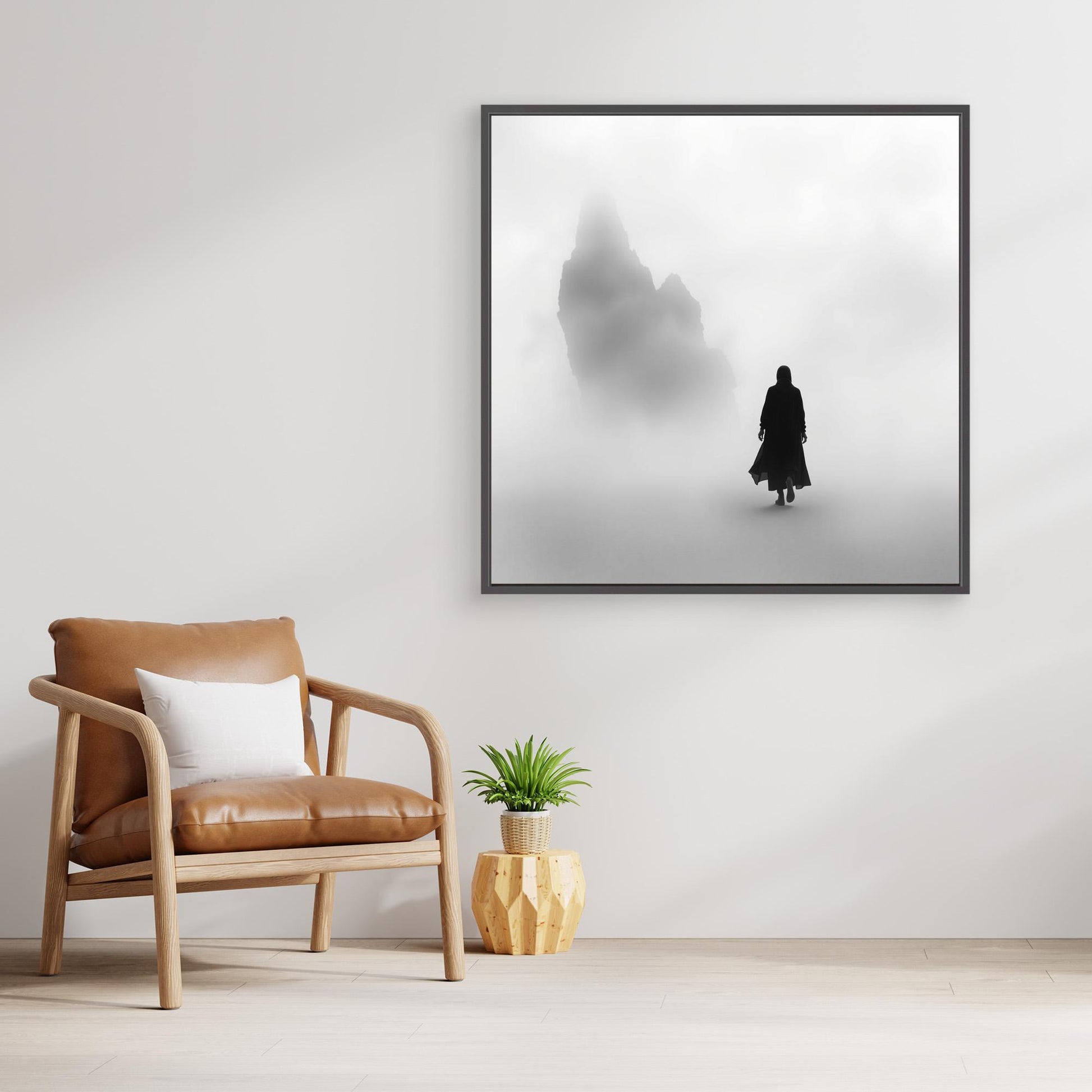 Into the Silence – Minimalist Black and White Canvas Art of Solitary Figure in Foggy Landscape